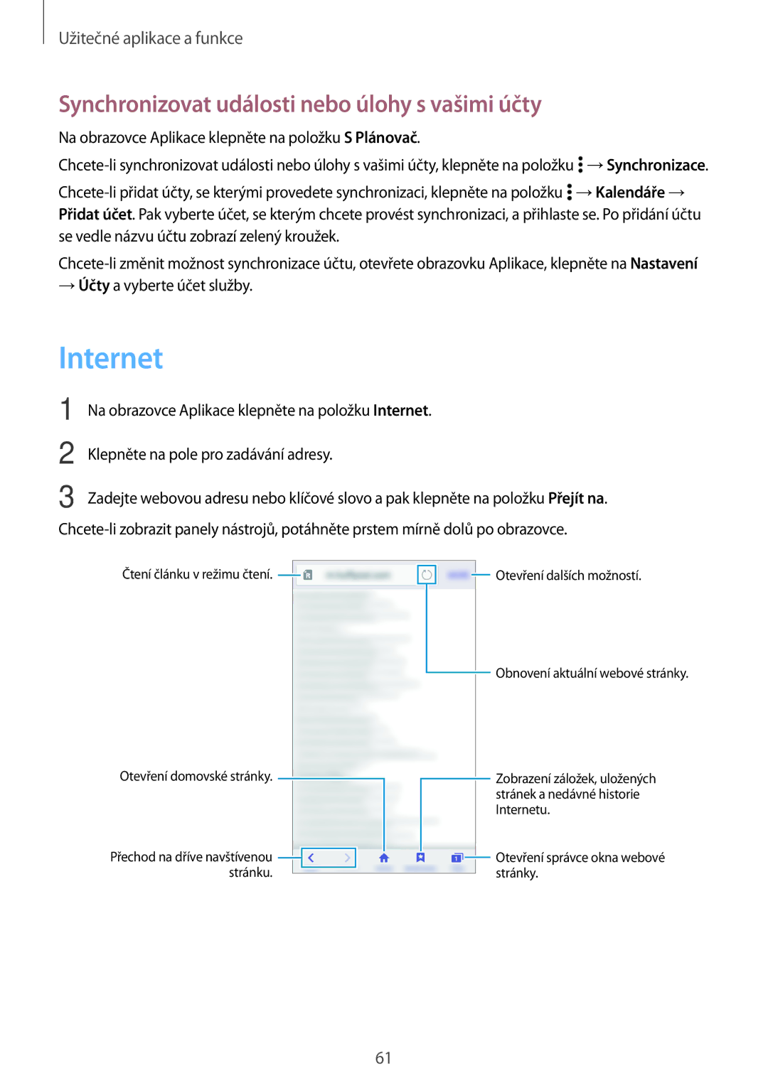 Samsung SM-G530FZWAUPC, SM-G530FZWAPRT, SM-G530FZAAPLS manual Internet, Synchronizovat události nebo úlohy s vašimi účty 