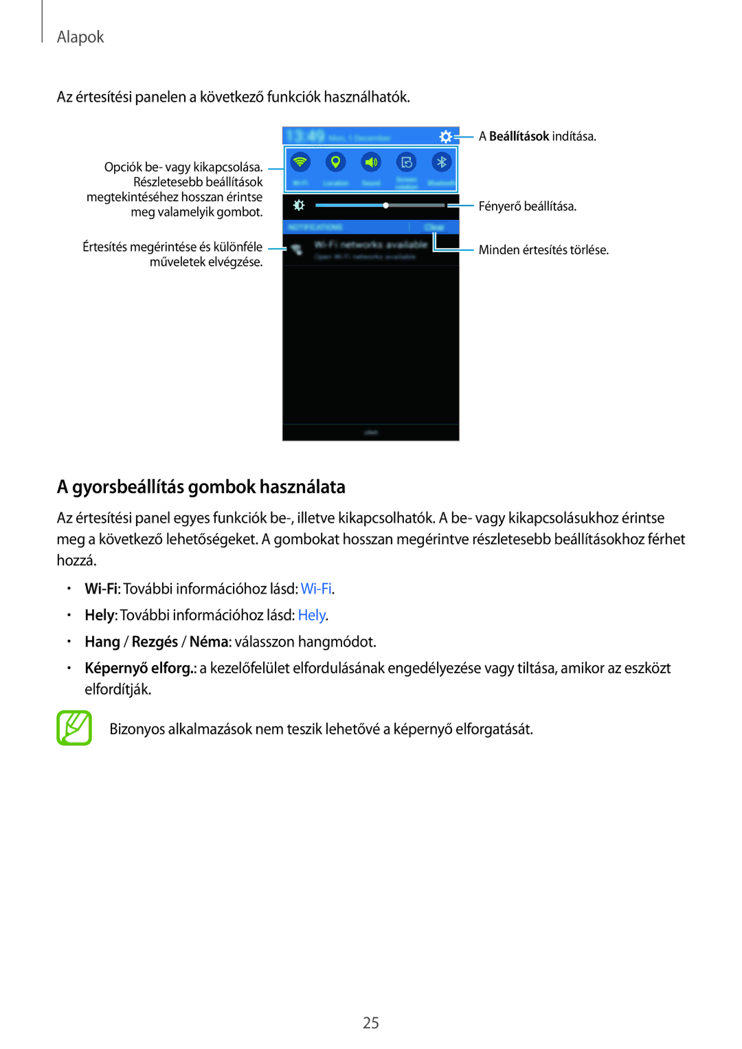 Samsung SM-G530FZAATMH manual Gyorsbeállítás gombok használata, Az értesítési panelen a következő funkciók használhatók 