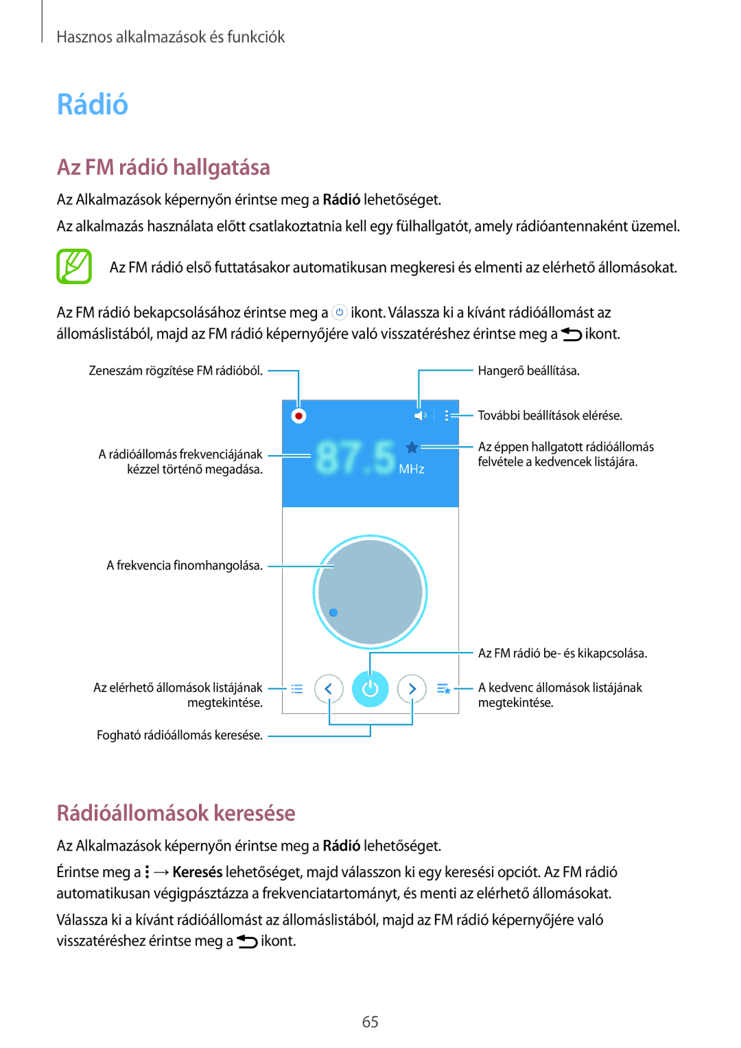 Samsung SM2G530FZWAPAN, SM-G530FZWAPRT, SM-G530FZAAPLS, SM-G530FZWATPL Az FM rádió hallgatása, Rádióállomások keresése 