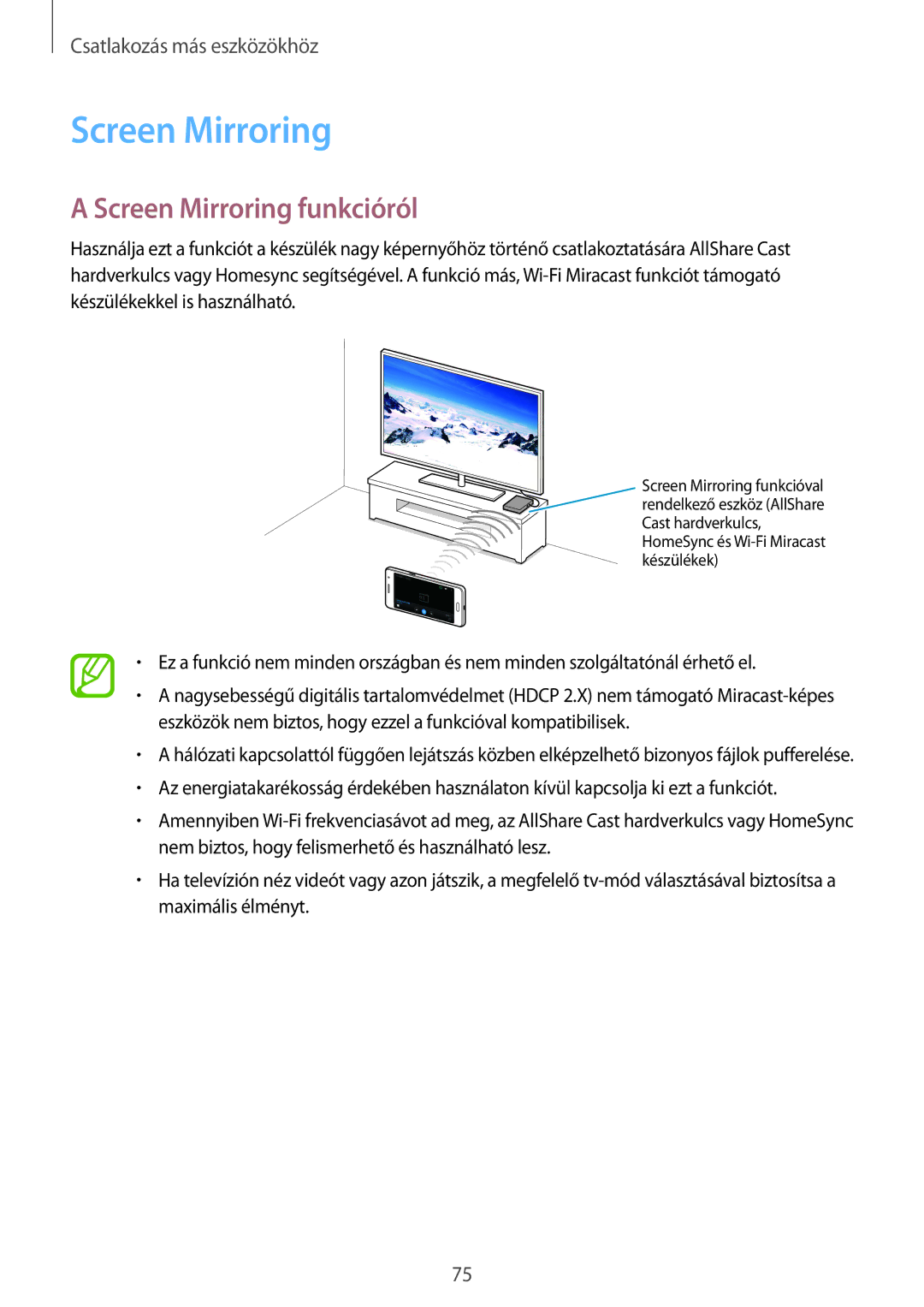 Samsung SM-G530FZWATMH, SM-G530FZWAPRT, SM-G530FZAAPLS, SM-G530FZWATPL, SM-G530FZAAPRT manual Screen Mirroring funkcióról 