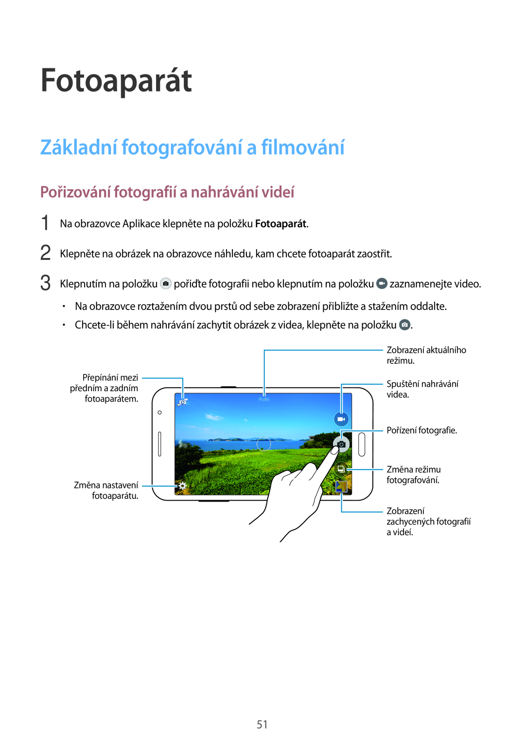 Samsung SM2G530FZAATMH manual Fotoaparát, Základní fotografování a filmování, Pořizování fotografií a nahrávání videí 