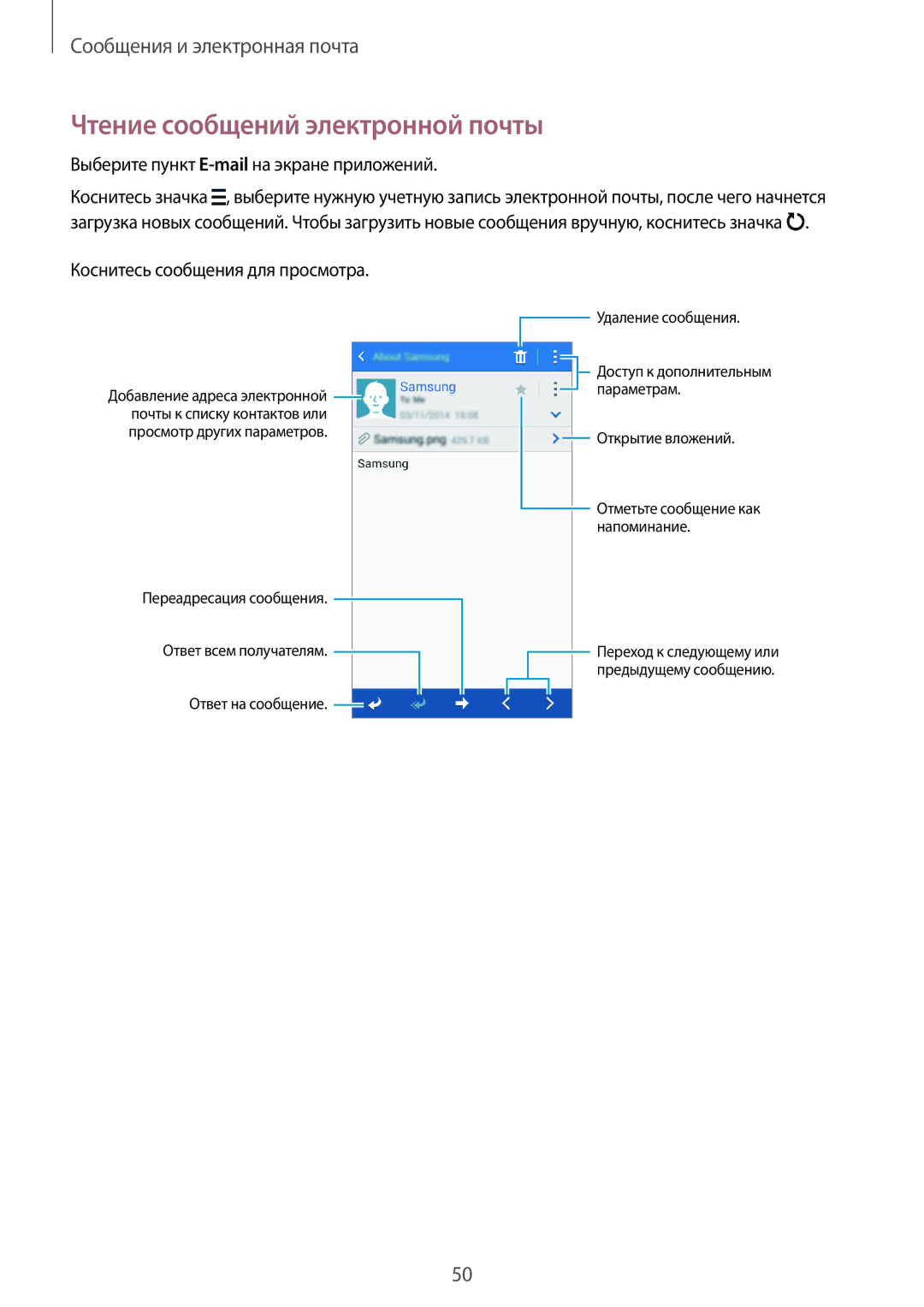 Samsung SM-G530FZAASEB, SM-G530FZWASEB manual Чтение сообщений электронной почты, Выберите пункт E-mailна экране приложений 