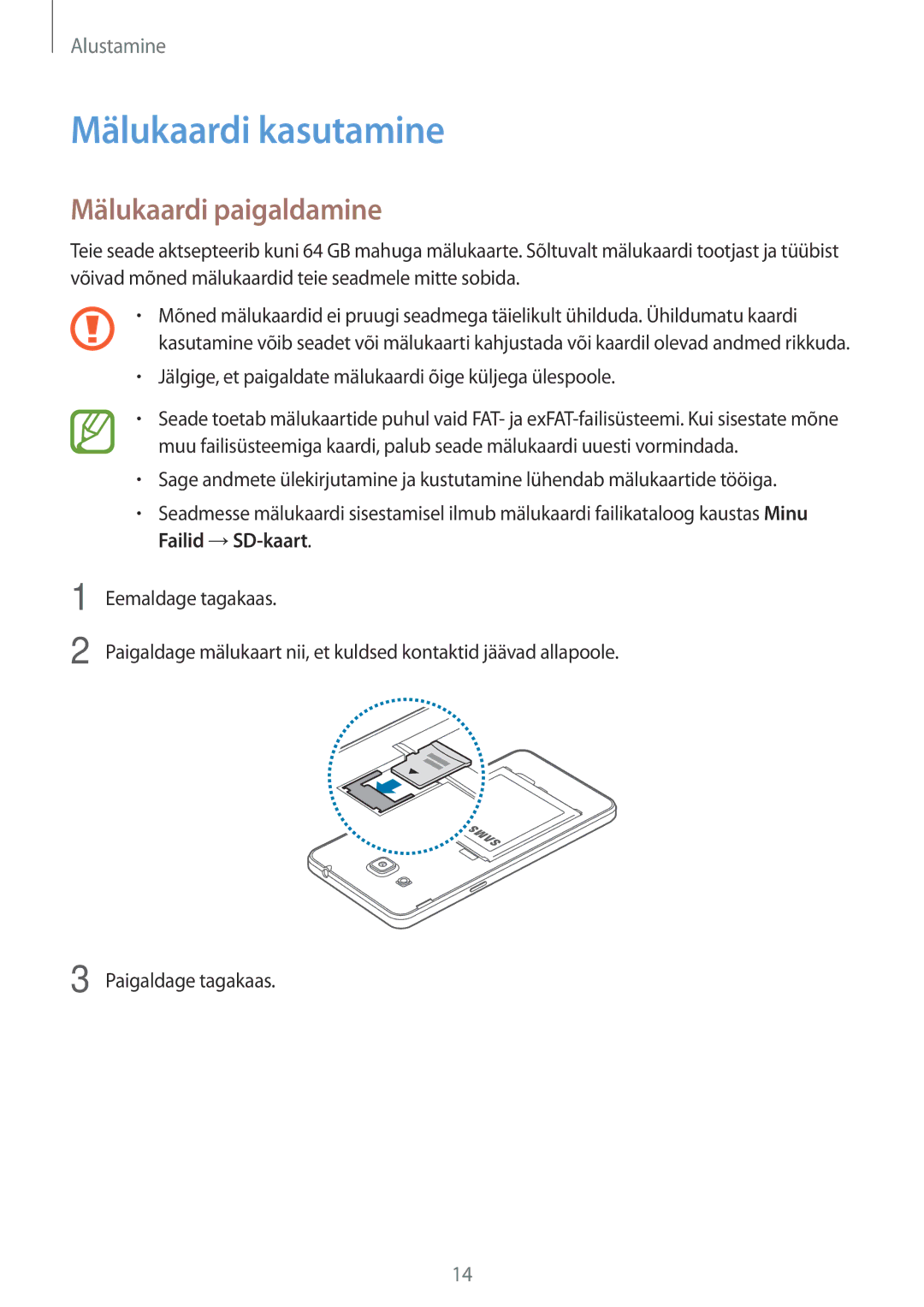 Samsung SM-G530FZAASEB, SM-G530FZWASEB, SM-G530FZDASEB manual Mälukaardi kasutamine, Mälukaardi paigaldamine 