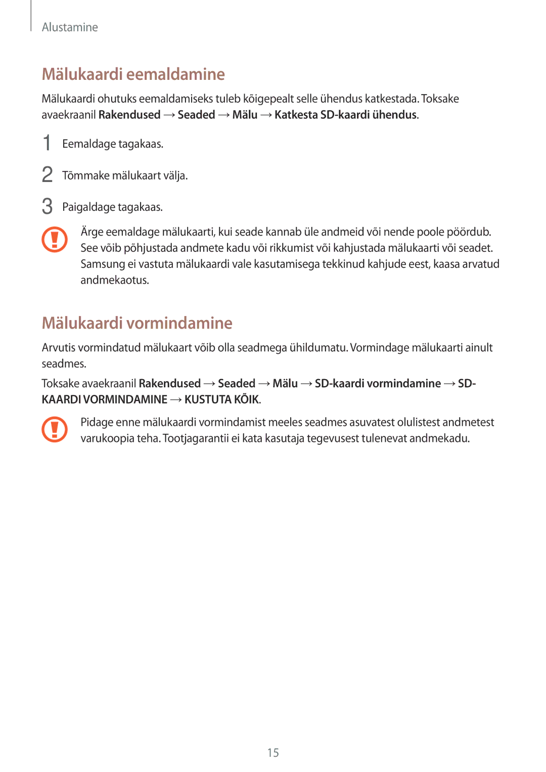 Samsung SM-G530FZWASEB, SM-G530FZDASEB, SM-G530FZAASEB manual Mälukaardi eemaldamine, Mälukaardi vormindamine 