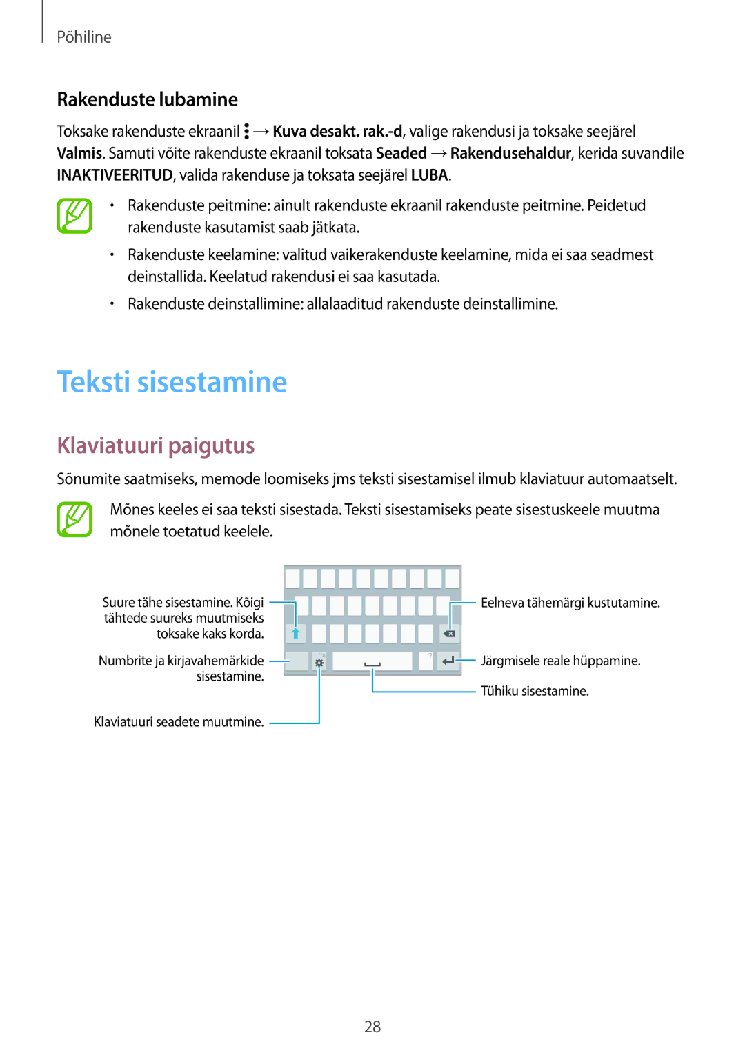 Samsung SM-G530FZDASEB, SM-G530FZWASEB, SM-G530FZAASEB manual Teksti sisestamine, Klaviatuuri paigutus, Rakenduste lubamine 