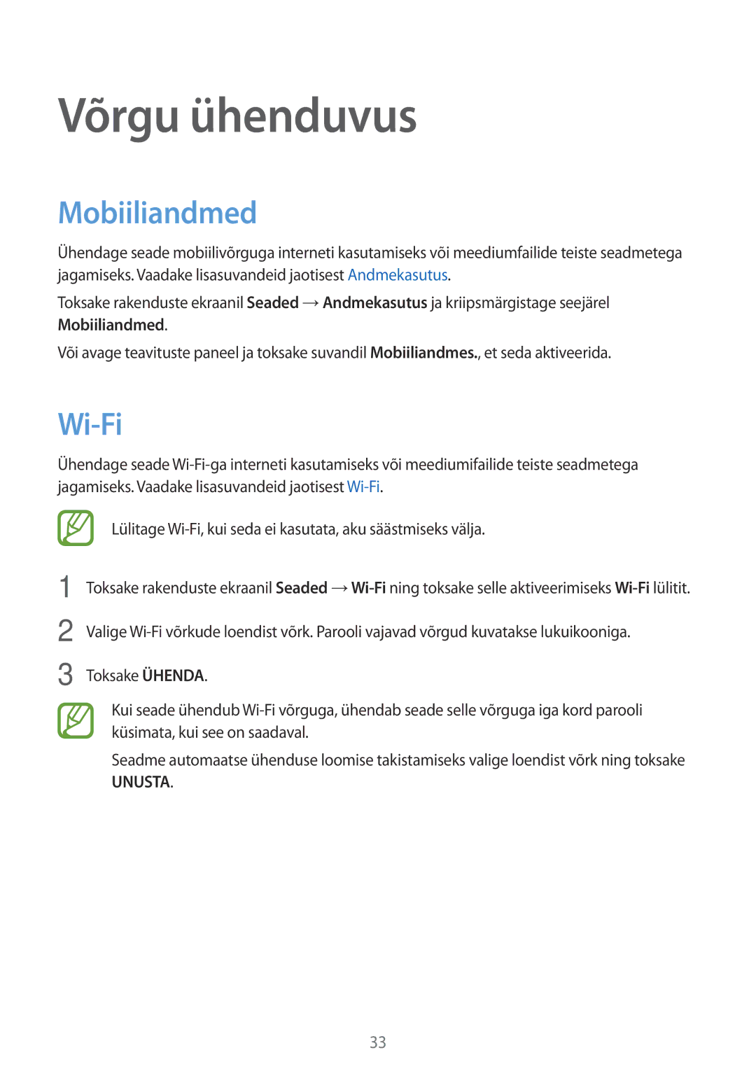 Samsung SM-G530FZWASEB, SM-G530FZDASEB, SM-G530FZAASEB manual Võrgu ühenduvus, Mobiiliandmed, Wi-Fi 