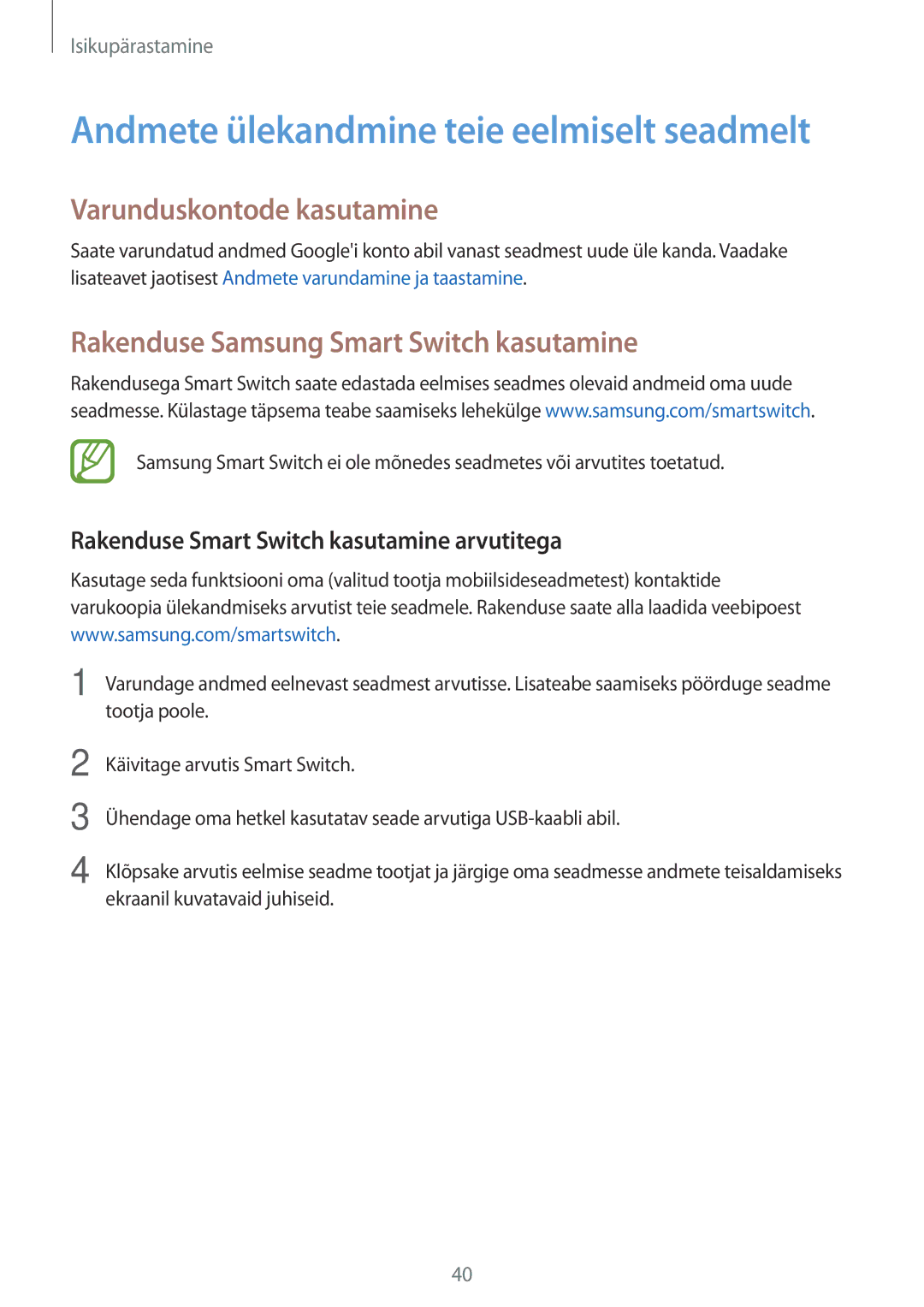 Samsung SM-G530FZDASEB, SM-G530FZWASEB manual Varunduskontode kasutamine, Rakenduse Samsung Smart Switch kasutamine 