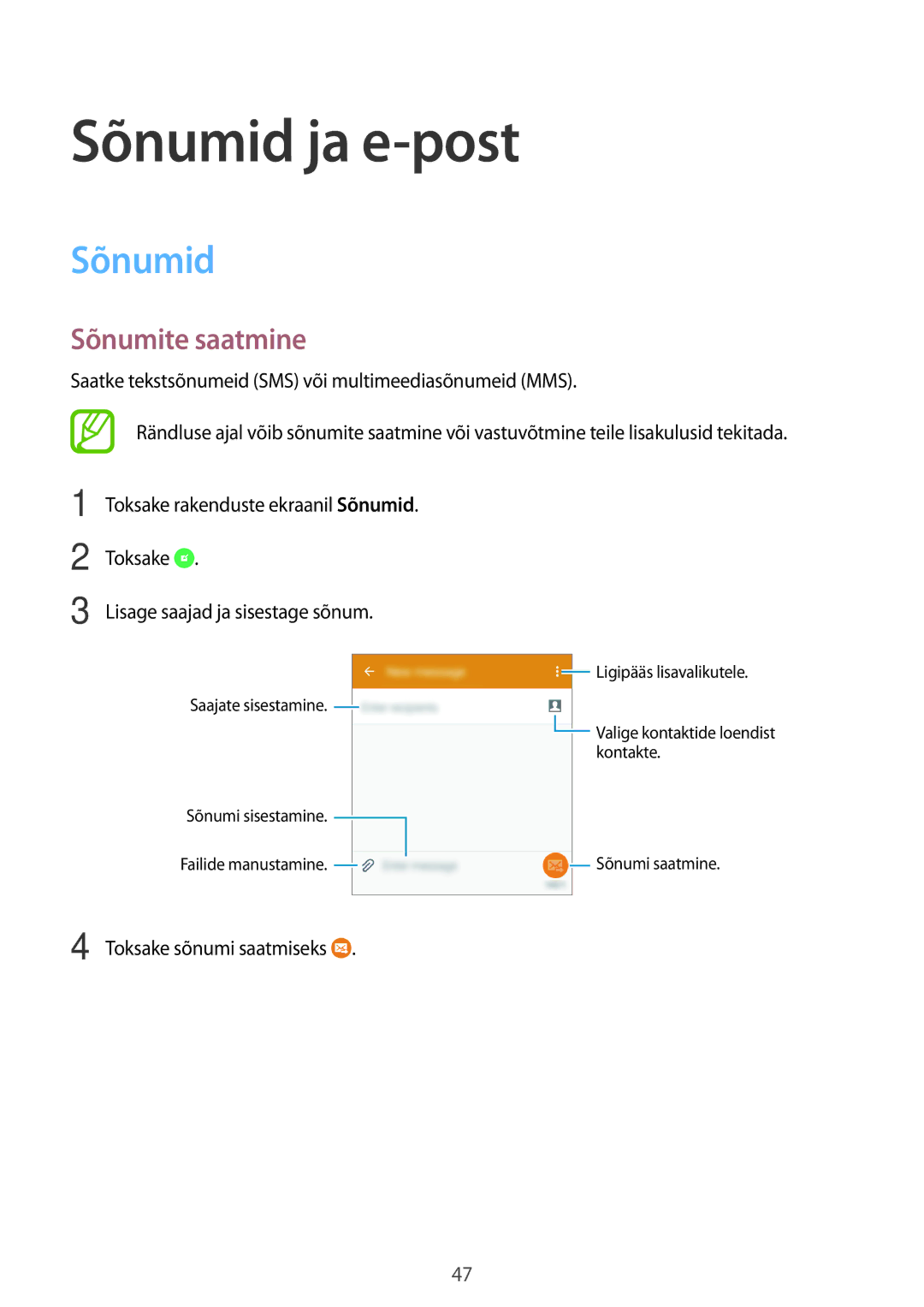 Samsung SM-G530FZAASEB, SM-G530FZWASEB, SM-G530FZDASEB manual Sõnumid ja e-post, Sõnumite saatmine, Toksake sõnumi saatmiseks 