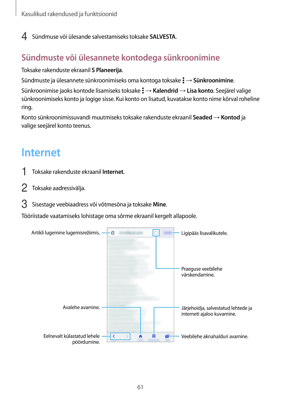 Samsung SM-G530FZDASEB, SM-G530FZWASEB, SM-G530FZAASEB manual Internet, Sündmuste või ülesannete kontodega sünkroonimine 