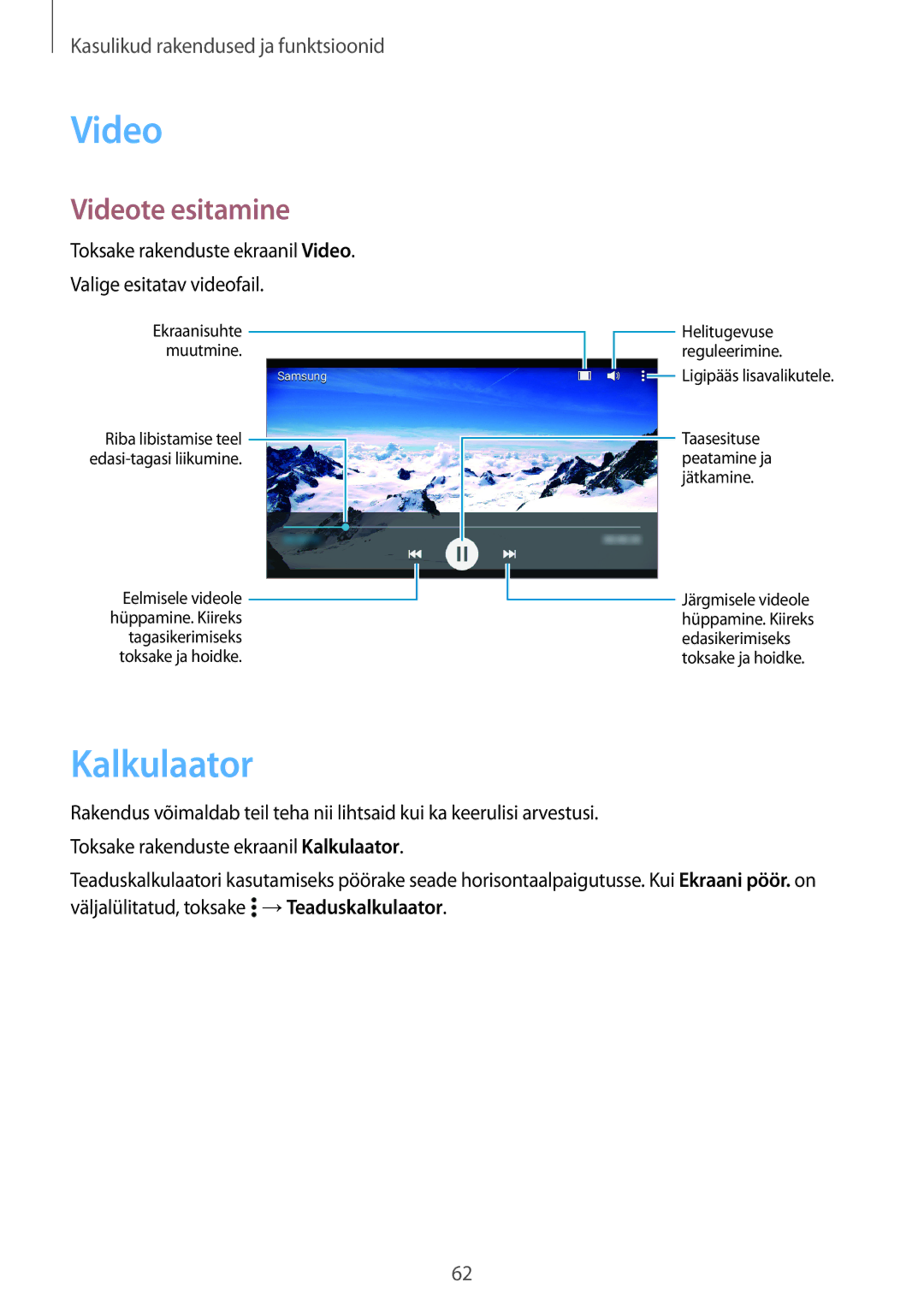 Samsung SM-G530FZAASEB, SM-G530FZWASEB, SM-G530FZDASEB manual Kalkulaator, Videote esitamine 