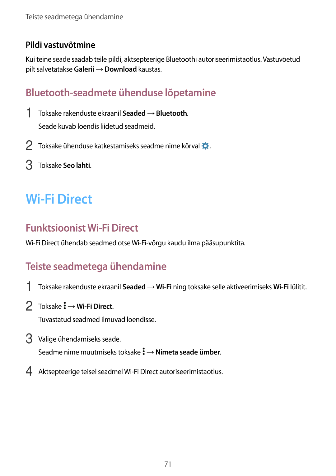 Samsung SM-G530FZAASEB manual Bluetooth-seadmete ühenduse lõpetamine, Funktsioonist Wi-Fi Direct, Pildi vastuvõtmine 