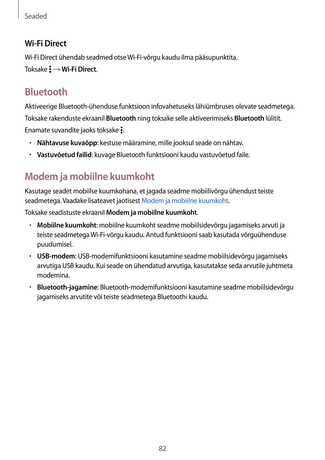 Samsung SM-G530FZDASEB, SM-G530FZWASEB, SM-G530FZAASEB manual Bluetooth, Modem ja mobiilne kuumkoht, Wi-Fi Direct 