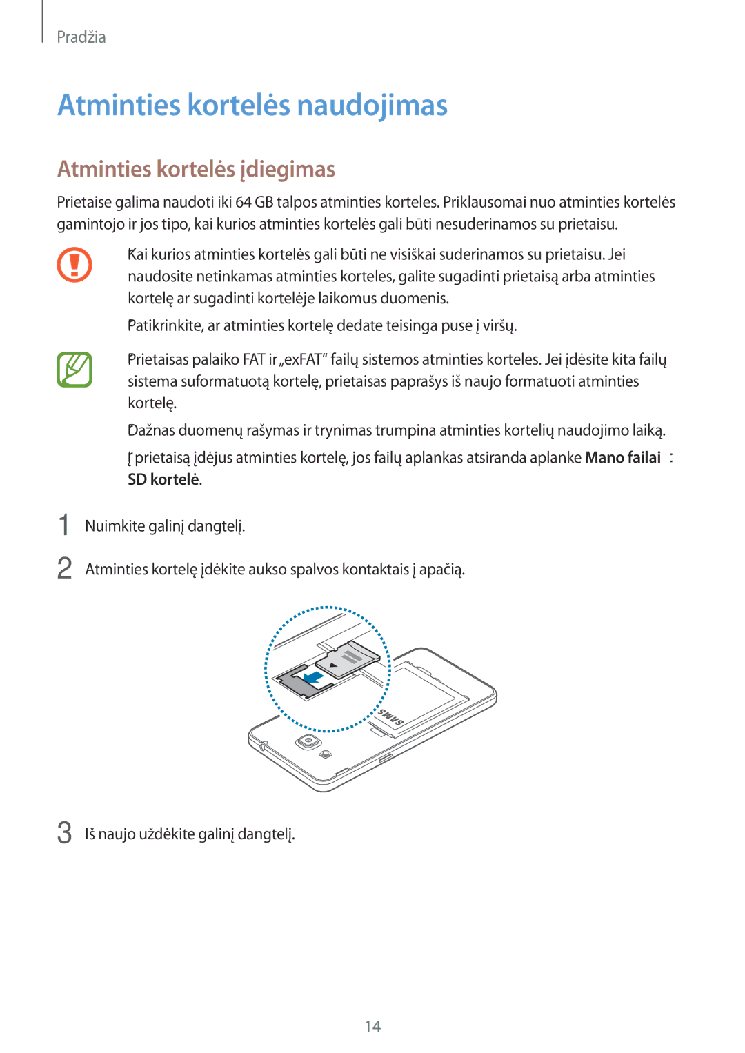 Samsung SM-G530FZAASEB, SM-G530FZWASEB, SM-G530FZDASEB manual Atminties kortelės naudojimas, Atminties kortelės įdiegimas 