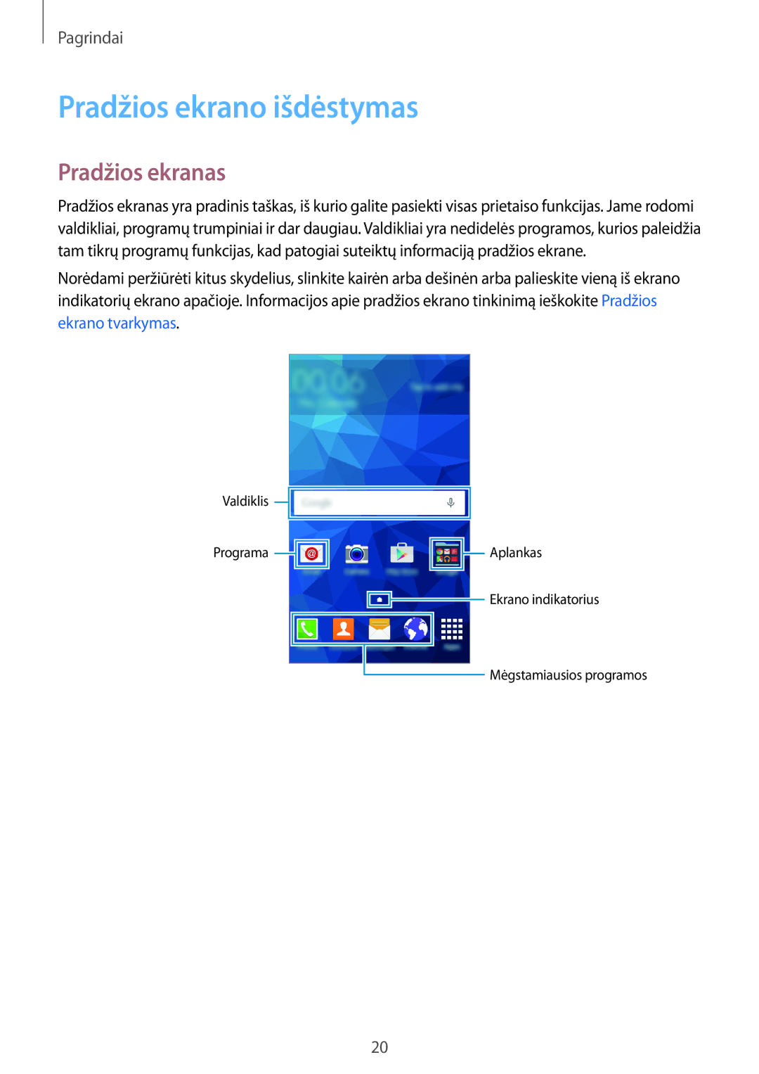 Samsung SM-G530FZAASEB, SM-G530FZWASEB, SM-G530FZDASEB manual Pradžios ekrano išdėstymas, Pradžios ekranas 