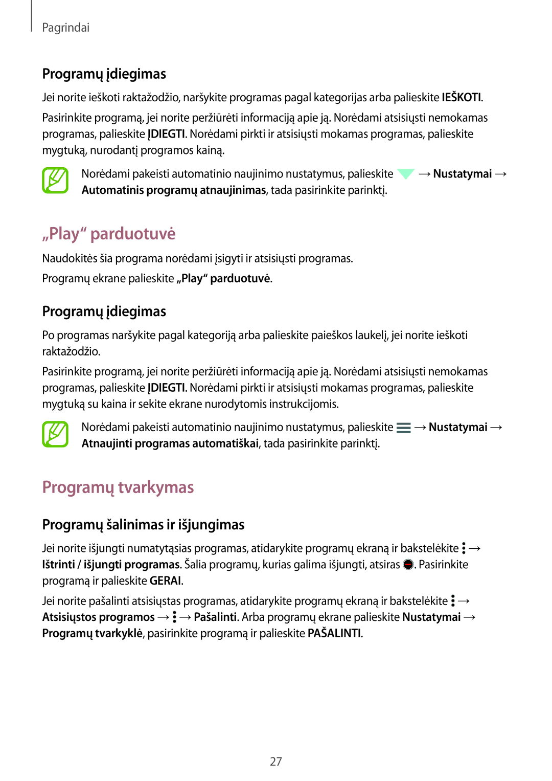 Samsung SM-G530FZWASEB manual „Play parduotuvė, Programų tvarkymas, Programų įdiegimas, Programų šalinimas ir išjungimas 