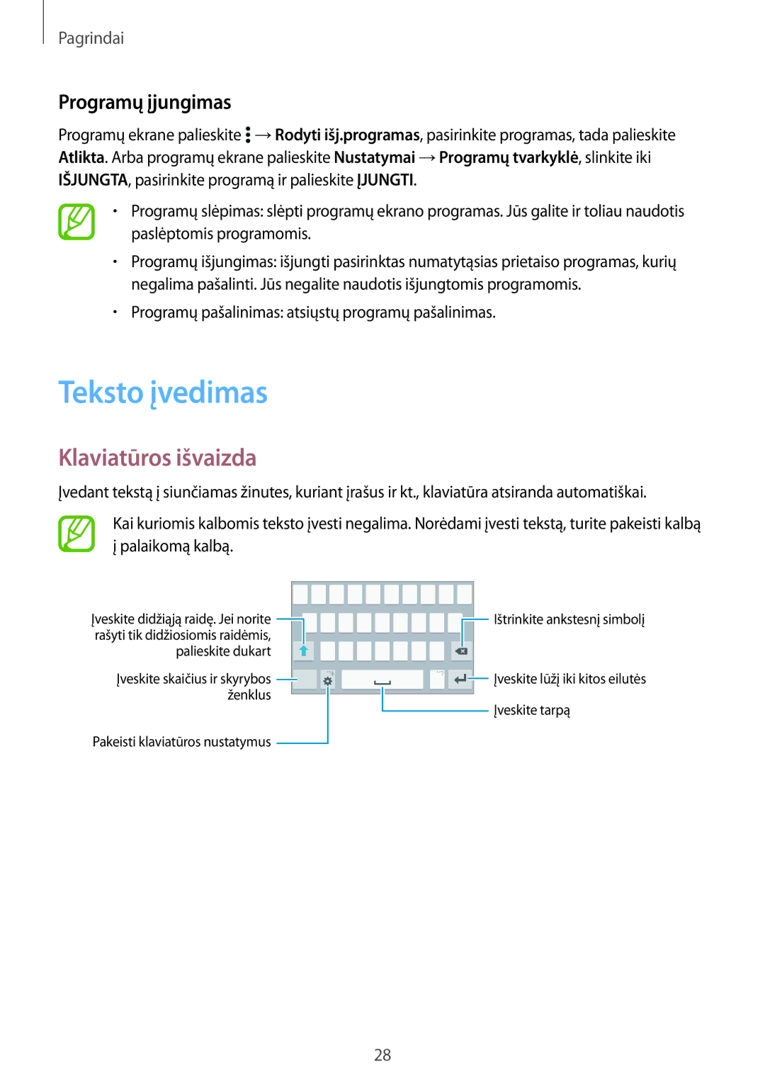 Samsung SM-G530FZDASEB, SM-G530FZWASEB, SM-G530FZAASEB manual Teksto įvedimas, Klaviatūros išvaizda, Programų įjungimas 