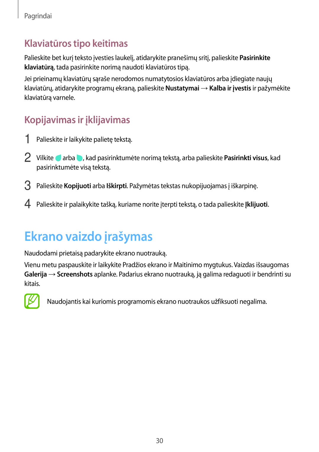 Samsung SM-G530FZWASEB, SM-G530FZDASEB manual Ekrano vaizdo įrašymas, Klaviatūros tipo keitimas, Kopijavimas ir įklijavimas 