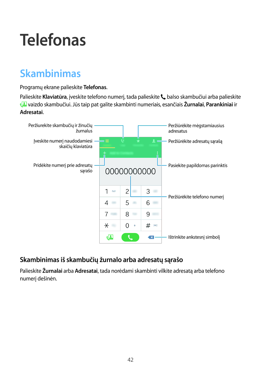 Samsung SM-G530FZWASEB, SM-G530FZDASEB Telefonas, Skambinimas iš skambučių žurnalo arba adresatų sąrašo, Adresatai 