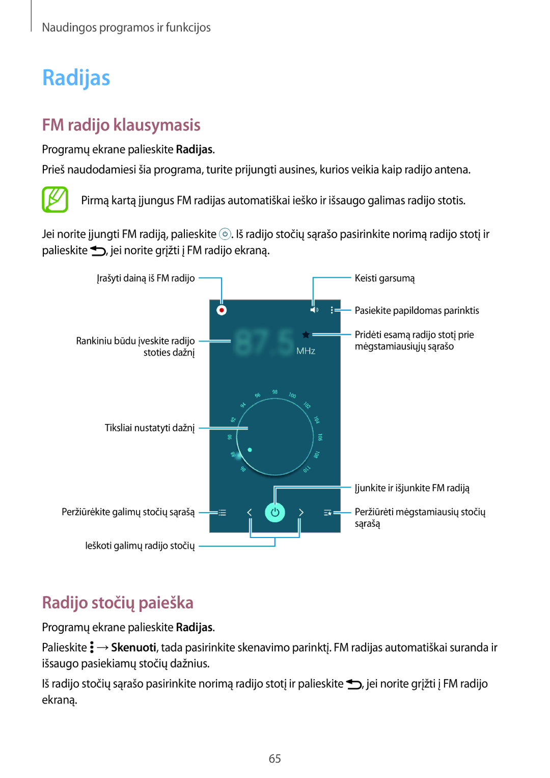 Samsung SM-G530FZAASEB, SM-G530FZWASEB, SM-G530FZDASEB manual Radijas, FM radijo klausymasis, Radijo stočių paieška 
