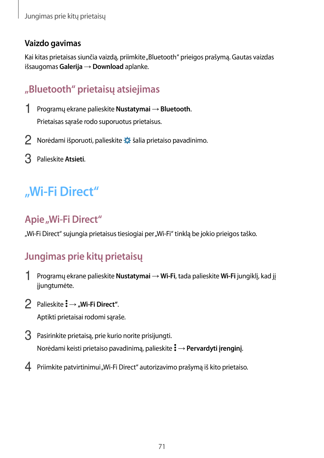 Samsung SM-G530FZAASEB manual „Bluetooth prietaisų atsiejimas, Apie„Wi-Fi Direct, Jungimas prie kitų prietaisų 