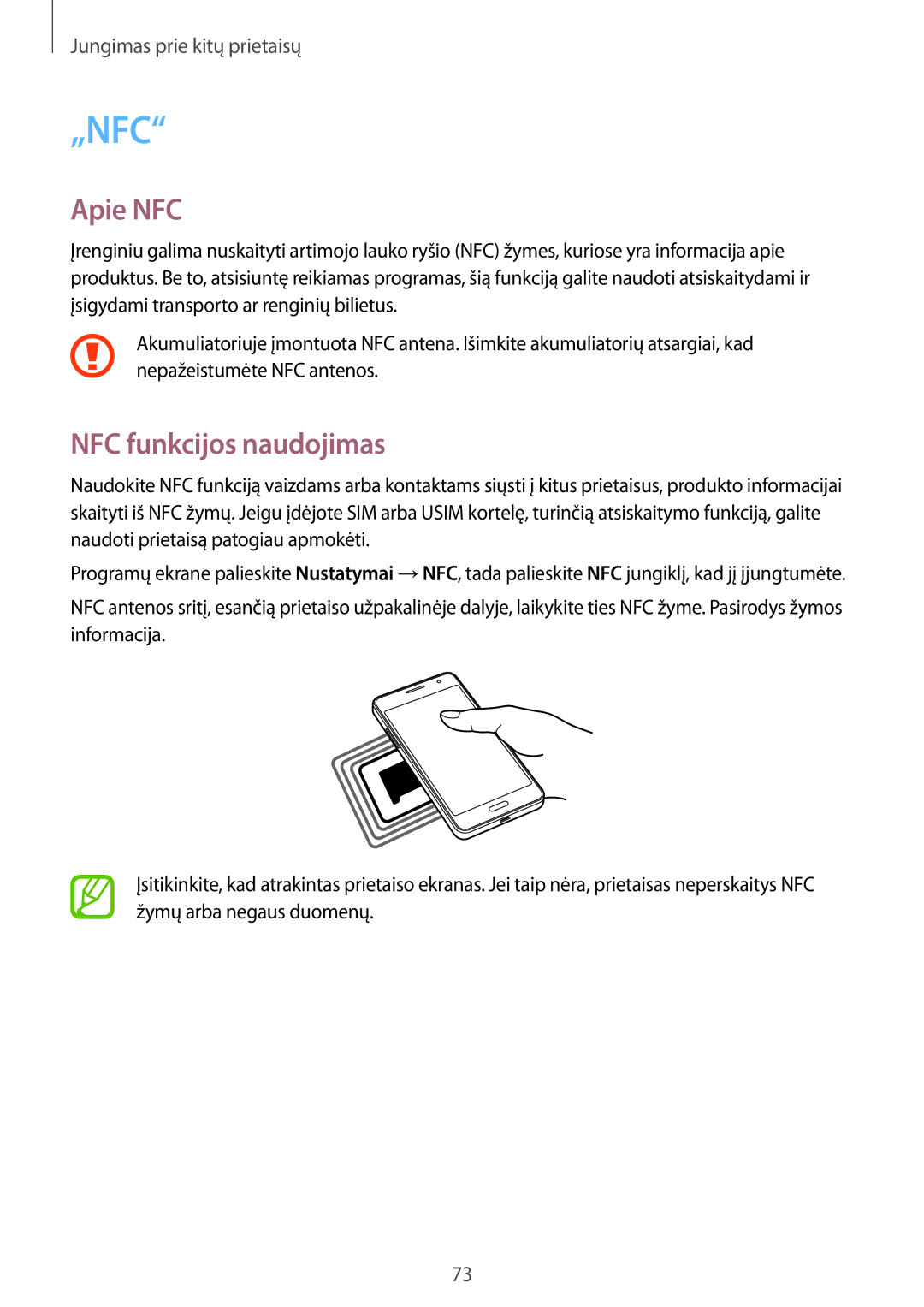 Samsung SM-G530FZDASEB, SM-G530FZWASEB, SM-G530FZAASEB manual Apie NFC, NFC funkcijos naudojimas 