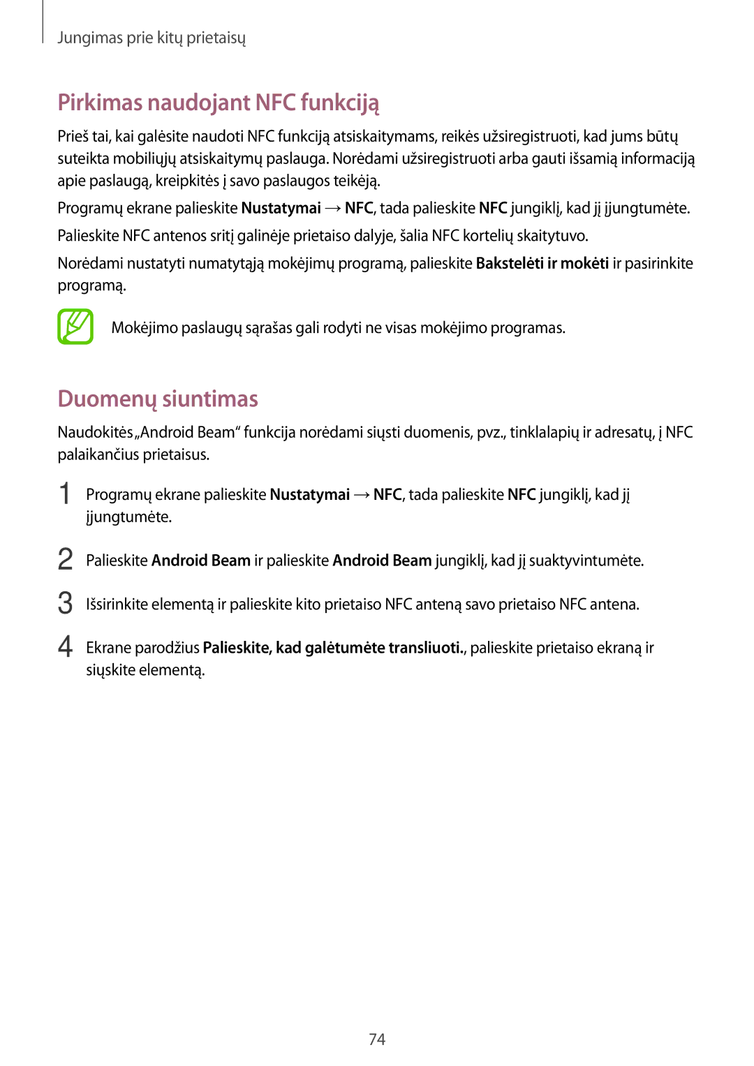 Samsung SM-G530FZAASEB, SM-G530FZWASEB, SM-G530FZDASEB manual Pirkimas naudojant NFC funkciją, Duomenų siuntimas 