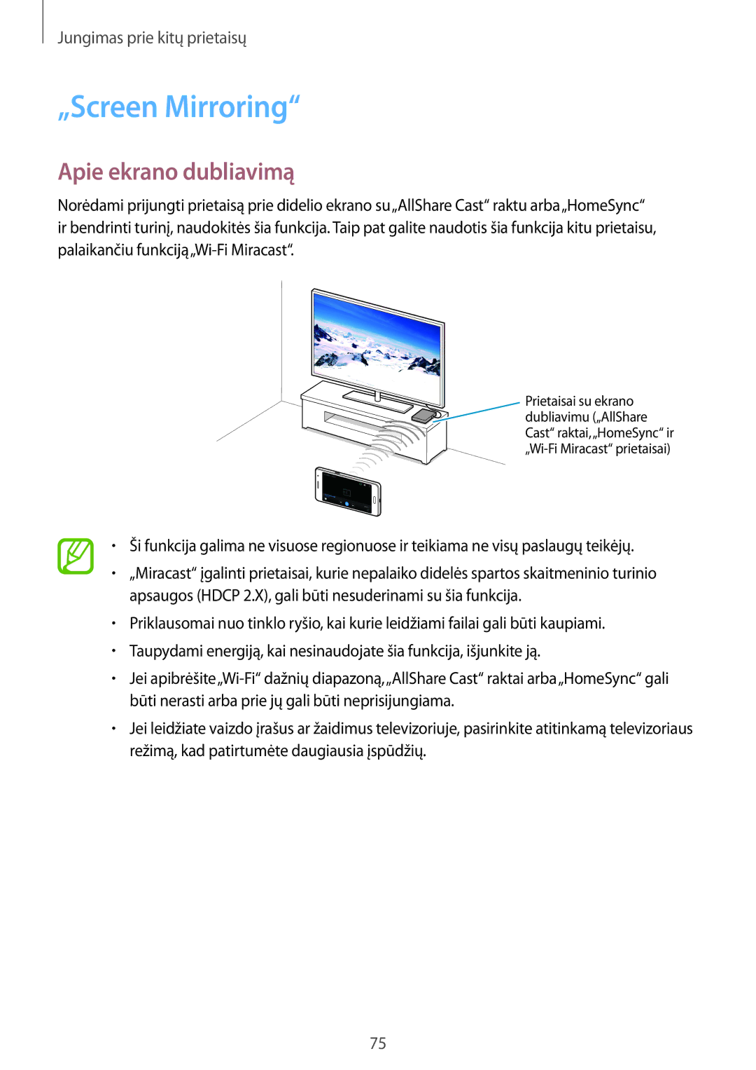 Samsung SM-G530FZWASEB, SM-G530FZDASEB, SM-G530FZAASEB manual „Screen Mirroring, Apie ekrano dubliavimą 