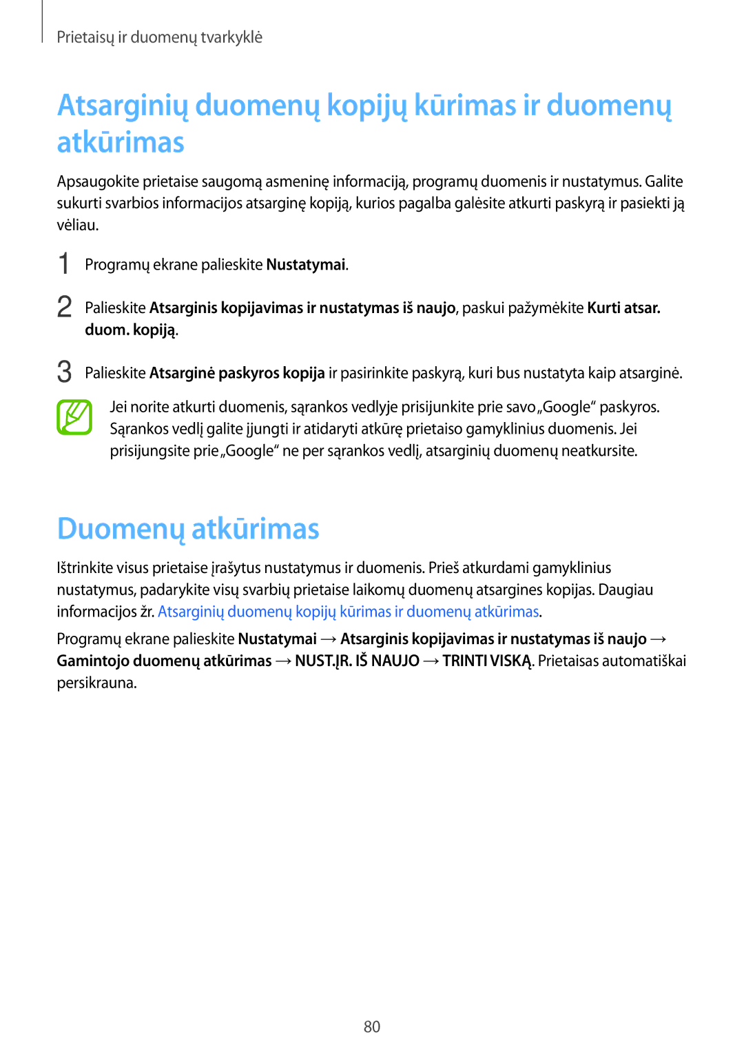 Samsung SM-G530FZAASEB manual Atsarginių duomenų kopijų kūrimas ir duomenų atkūrimas, Duomenų atkūrimas, Duom. kopiją 