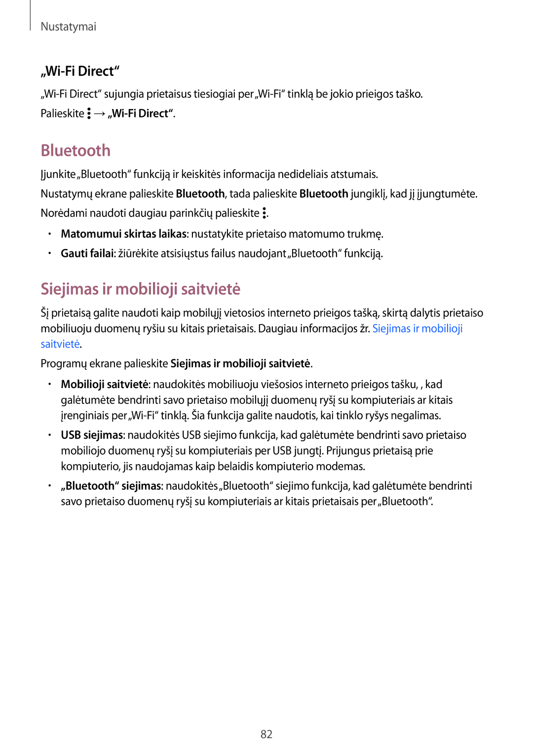 Samsung SM-G530FZDASEB, SM-G530FZWASEB, SM-G530FZAASEB manual Bluetooth, Siejimas ir mobilioji saitvietė, „Wi-Fi Direct 