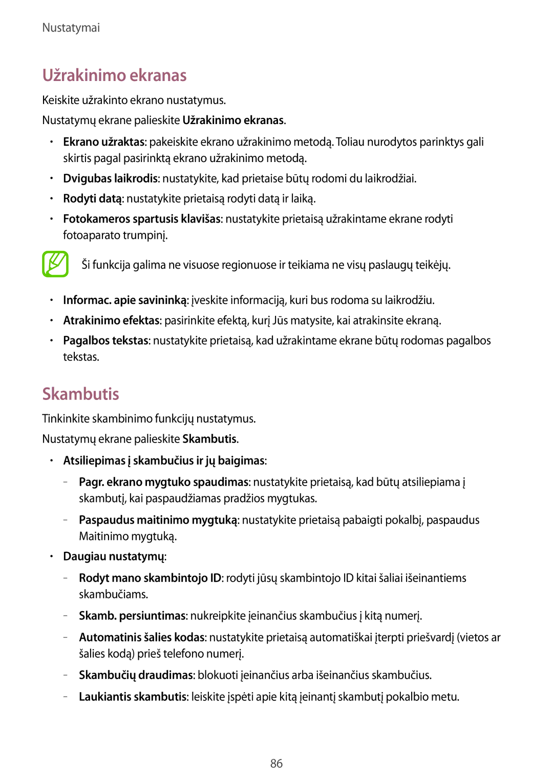 Samsung SM-G530FZAASEB manual Užrakinimo ekranas, Skambutis, Atsiliepimas į skambučius ir jų baigimas, Daugiau nustatymų 