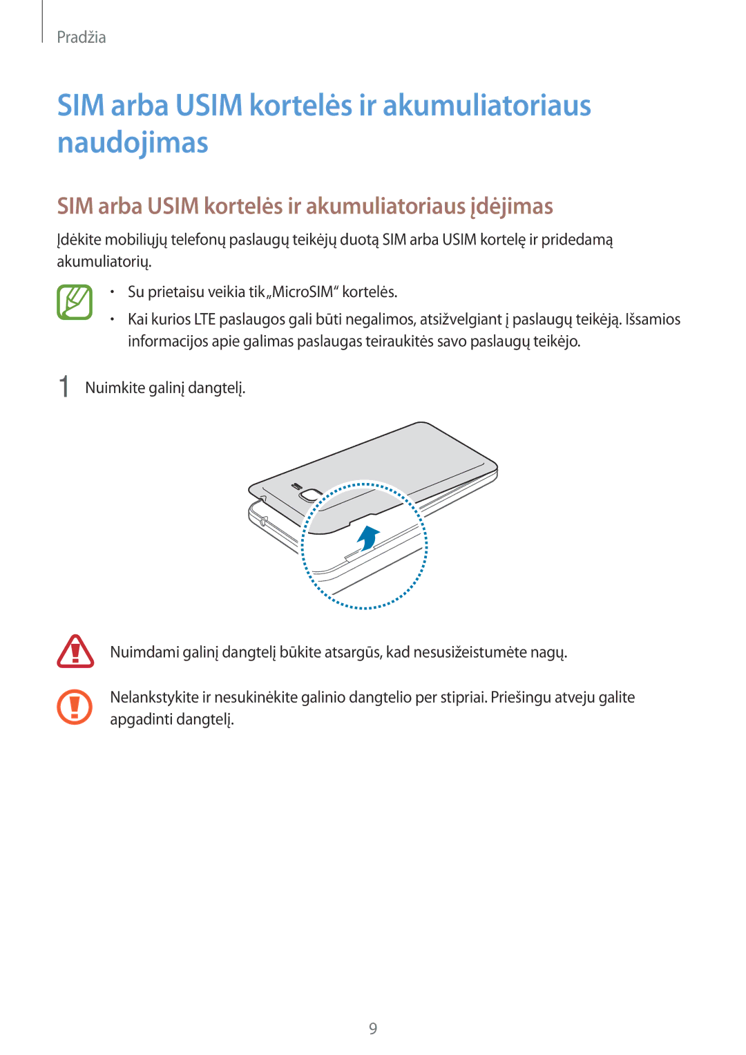 Samsung SM-G530FZWASEB, SM-G530FZDASEB, SM-G530FZAASEB manual SIM arba Usim kortelės ir akumuliatoriaus naudojimas 