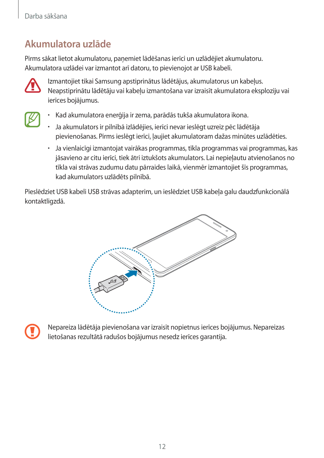 Samsung SM-G530FZWASEB, SM-G530FZDASEB, SM-G530FZAASEB manual Akumulatora uzlāde 