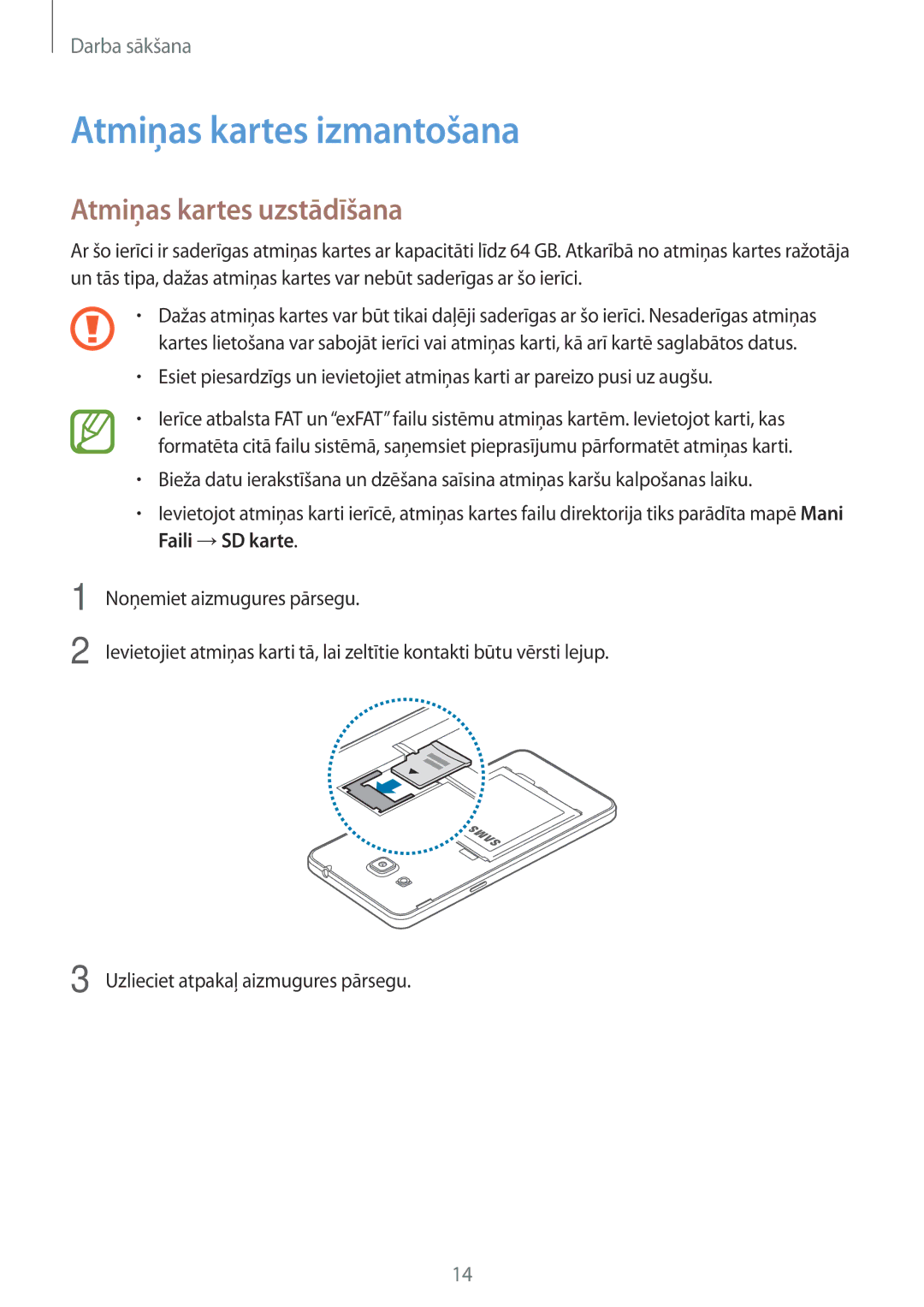 Samsung SM-G530FZAASEB, SM-G530FZWASEB, SM-G530FZDASEB manual Atmiņas kartes izmantošana, Atmiņas kartes uzstādīšana 