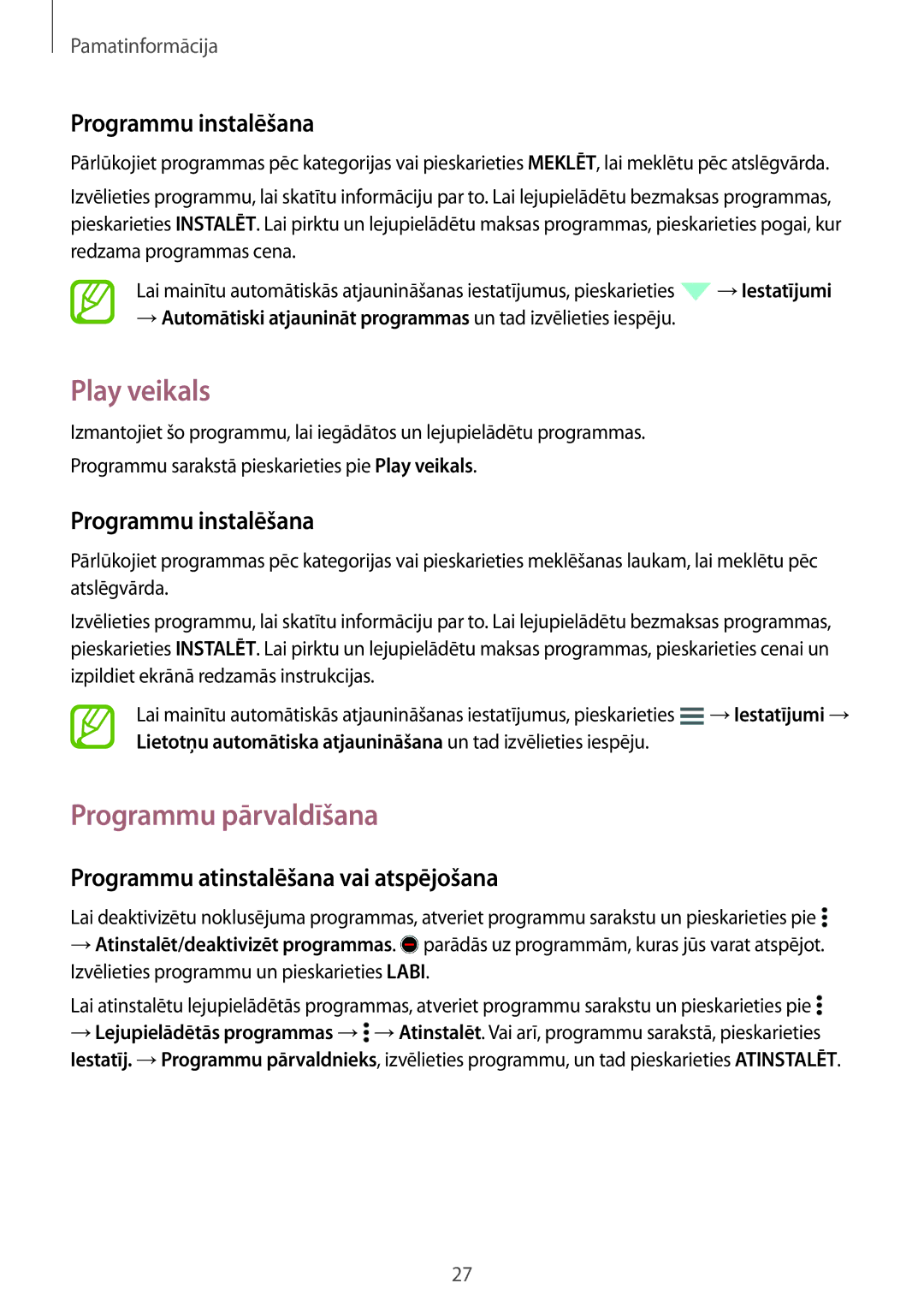 Samsung SM-G530FZWASEB, SM-G530FZDASEB, SM-G530FZAASEB manual Play veikals, Programmu pārvaldīšana, Programmu instalēšana 