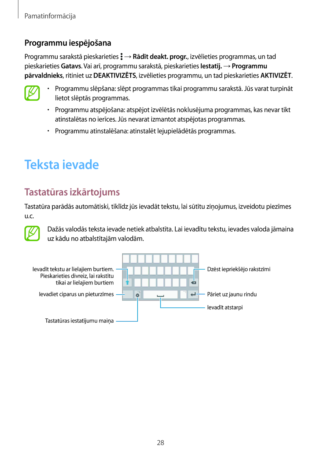 Samsung SM-G530FZDASEB, SM-G530FZWASEB, SM-G530FZAASEB manual Teksta ievade, Tastatūras izkārtojums, Programmu iespējošana 