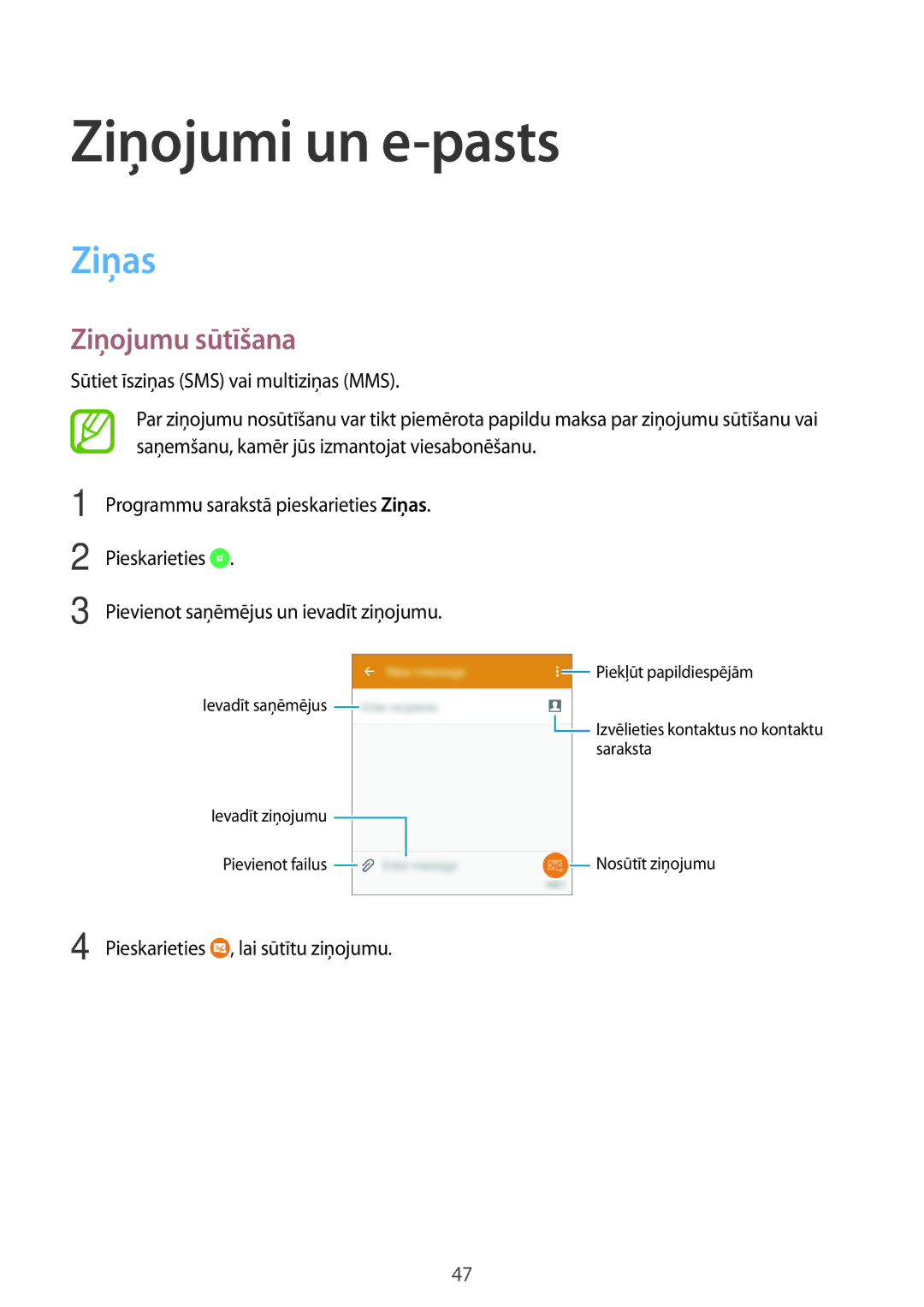 Samsung SM-G530FZAASEB, SM-G530FZWASEB, SM-G530FZDASEB manual Ziņojumi un e-pasts, Ziņas, Ziņojumu sūtīšana 