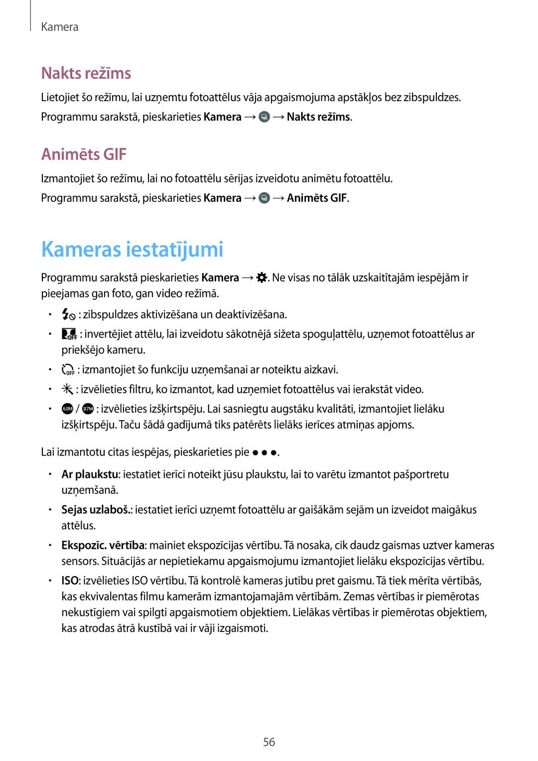 Samsung SM-G530FZAASEB, SM-G530FZWASEB, SM-G530FZDASEB manual Kameras iestatījumi, Nakts režīms, Animēts GIF 