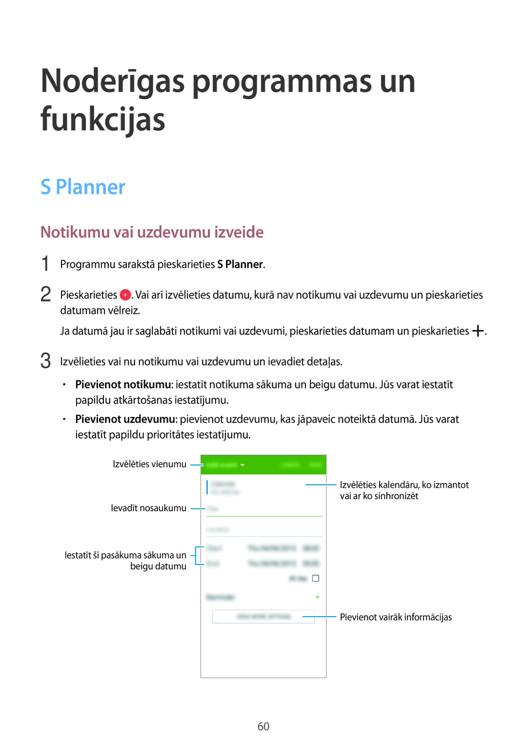 Samsung SM-G530FZWASEB, SM-G530FZDASEB, SM-G530FZAASEB manual Planner, Notikumu vai uzdevumu izveide 