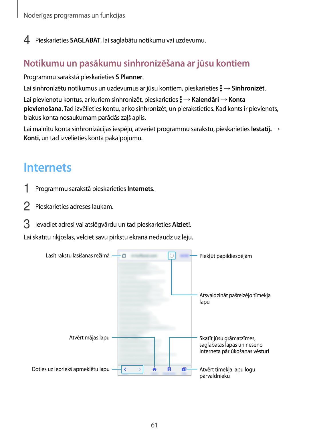 Samsung SM-G530FZDASEB, SM-G530FZWASEB, SM-G530FZAASEB manual Internets, Notikumu un pasākumu sinhronizēšana ar jūsu kontiem 