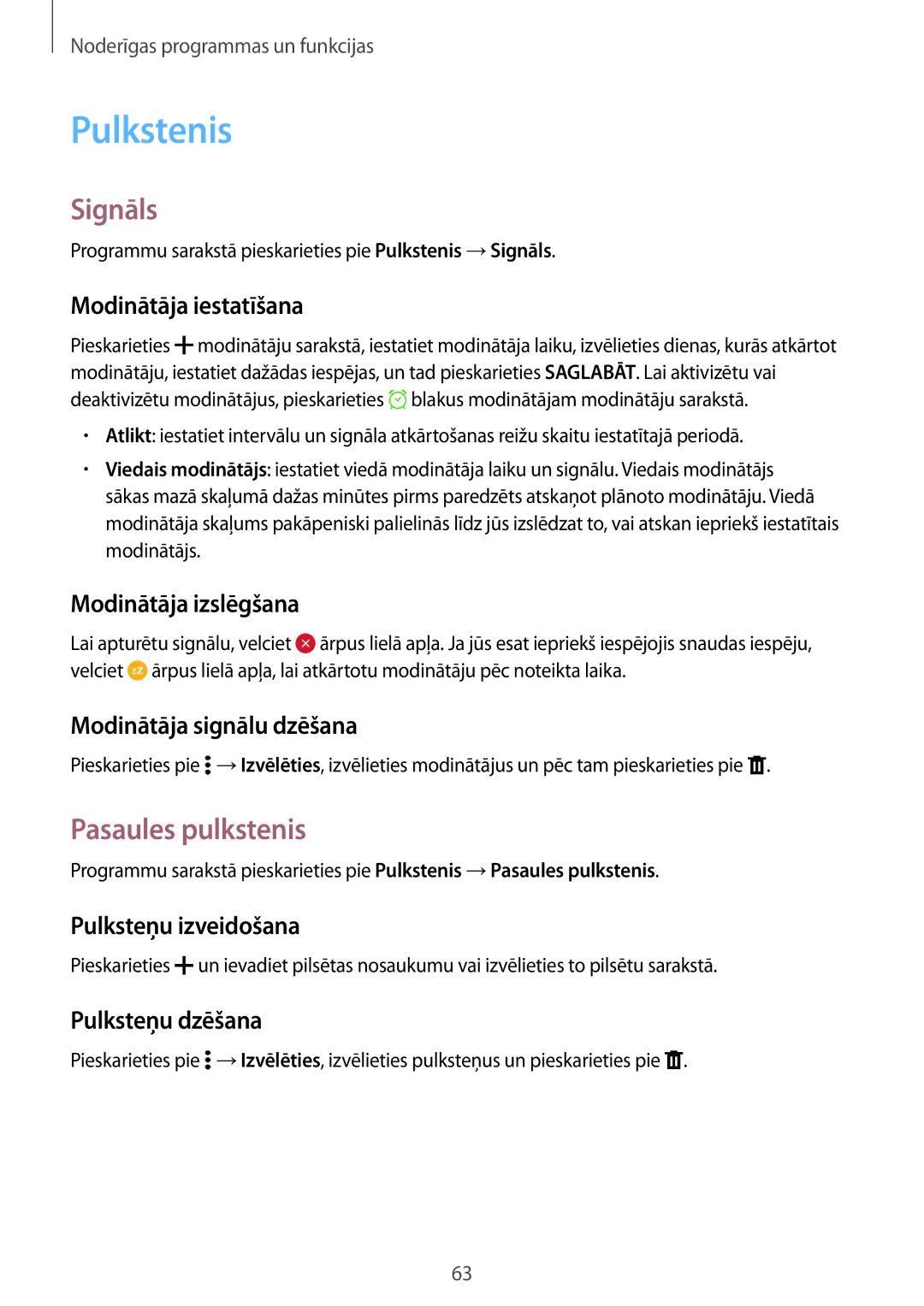 Samsung SM-G530FZWASEB, SM-G530FZDASEB, SM-G530FZAASEB manual Pulkstenis, Signāls, Pasaules pulkstenis 