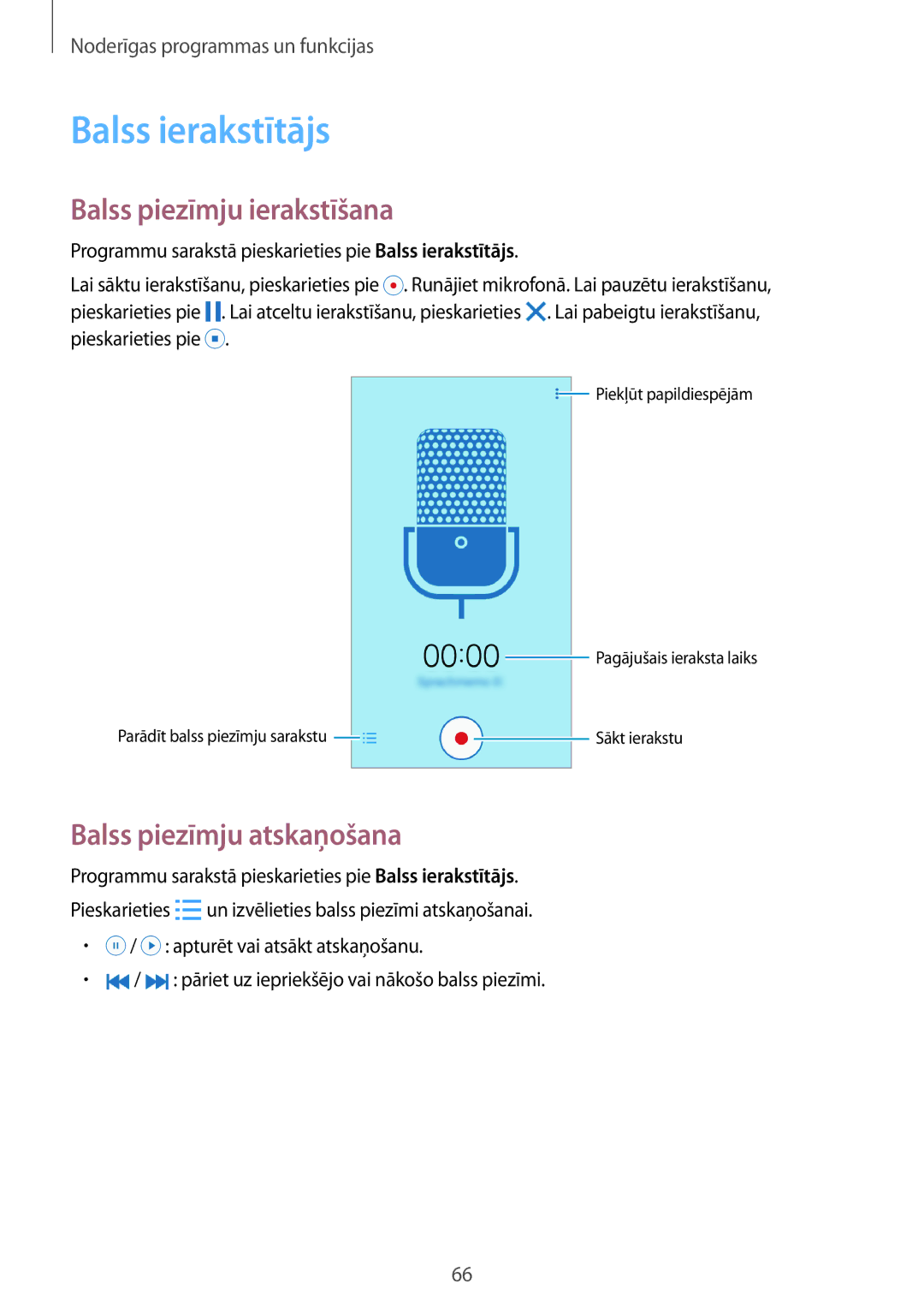 Samsung SM-G530FZWASEB, SM-G530FZDASEB manual Balss ierakstītājs, Balss piezīmju ierakstīšana, Balss piezīmju atskaņošana 