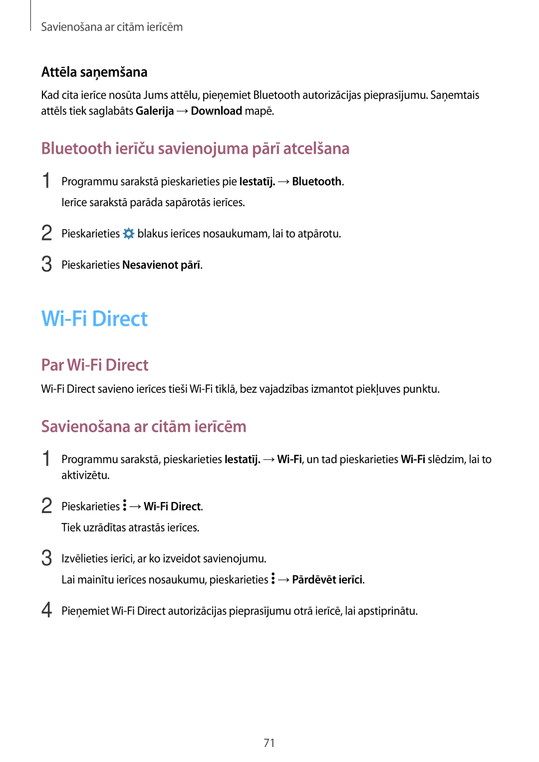 Samsung SM-G530FZAASEB Bluetooth ierīču savienojuma pārī atcelšana, Par Wi-Fi Direct, Savienošana ar citām ierīcēm 