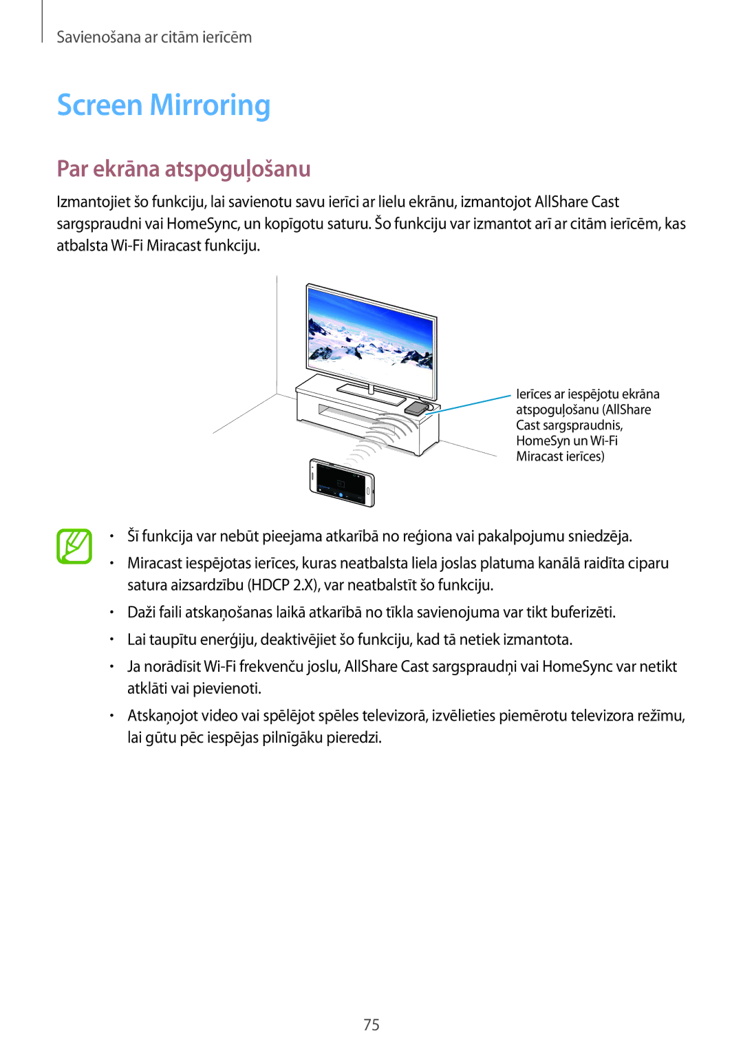 Samsung SM-G530FZWASEB, SM-G530FZDASEB, SM-G530FZAASEB manual Screen Mirroring, Par ekrāna atspoguļošanu 