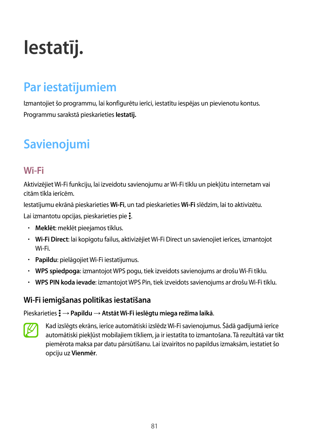 Samsung SM-G530FZWASEB manual Iestatīj, Par iestatījumiem, Savienojumi, Wi-Fi iemigšanas politikas iestatīšana 