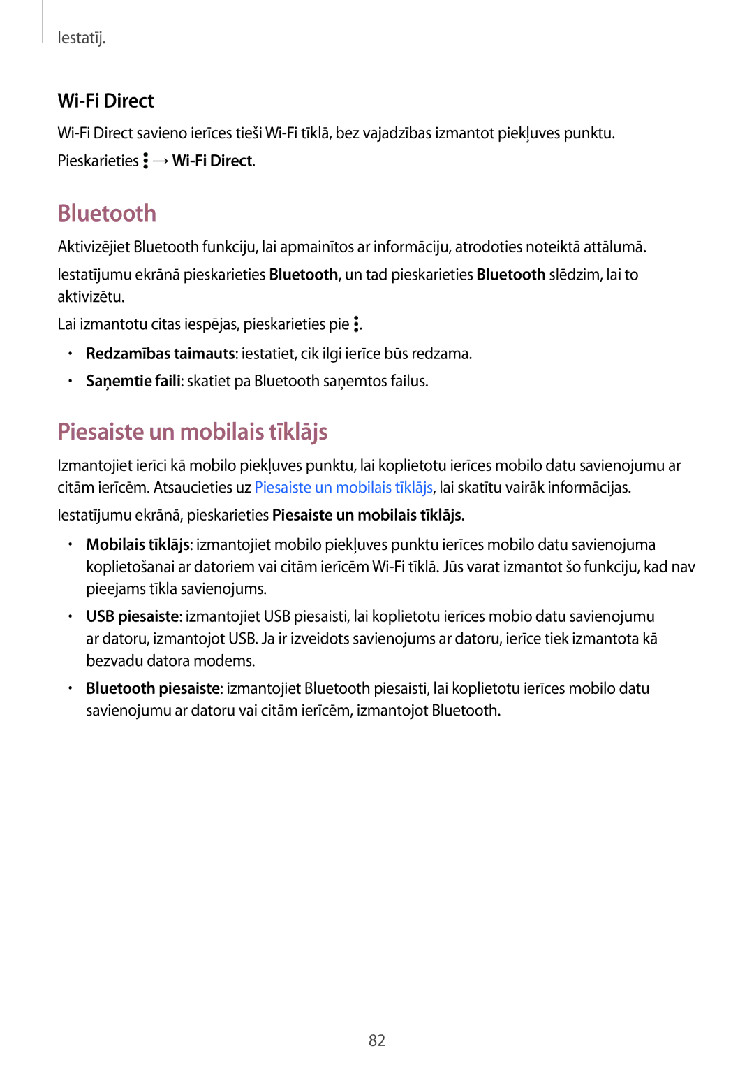 Samsung SM-G530FZDASEB, SM-G530FZWASEB, SM-G530FZAASEB manual Bluetooth, Piesaiste un mobilais tīklājs, Wi-Fi Direct 