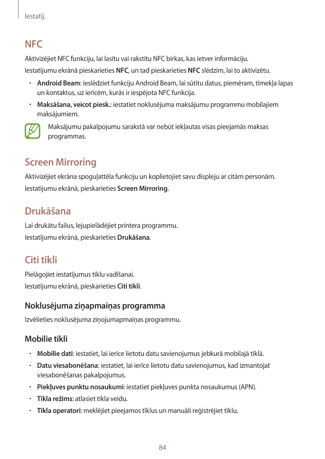 Samsung SM-G530FZWASEB manual Screen Mirroring, Drukāšana, Citi tīkli, Noklusējuma ziņapmaiņas programma, Mobilie tīkli 