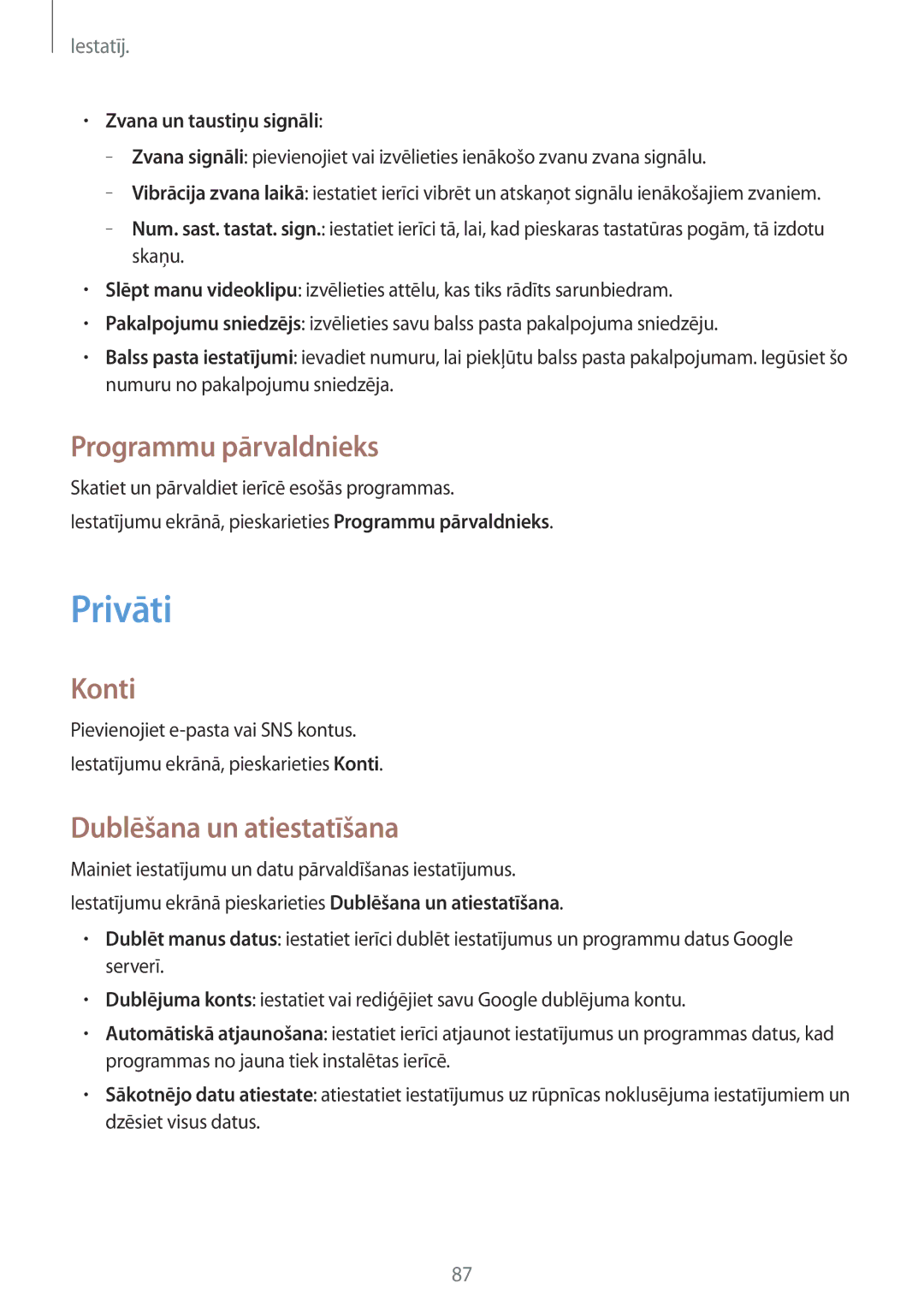 Samsung SM-G530FZWASEB manual Privāti, Programmu pārvaldnieks, Konti, Dublēšana un atiestatīšana, Zvana un taustiņu signāli 