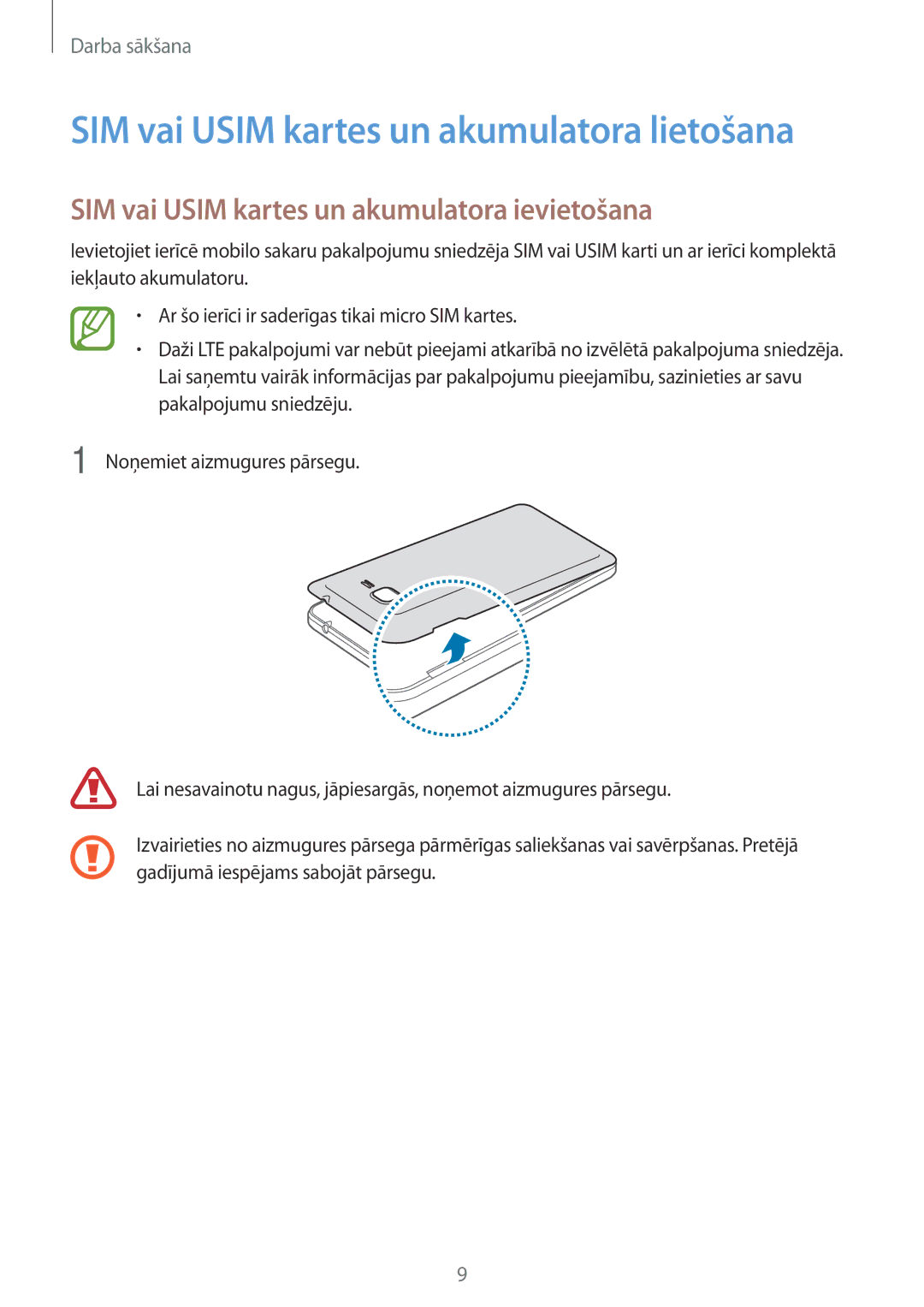 Samsung SM-G530FZWASEB manual SIM vai Usim kartes un akumulatora lietošana, SIM vai Usim kartes un akumulatora ievietošana 