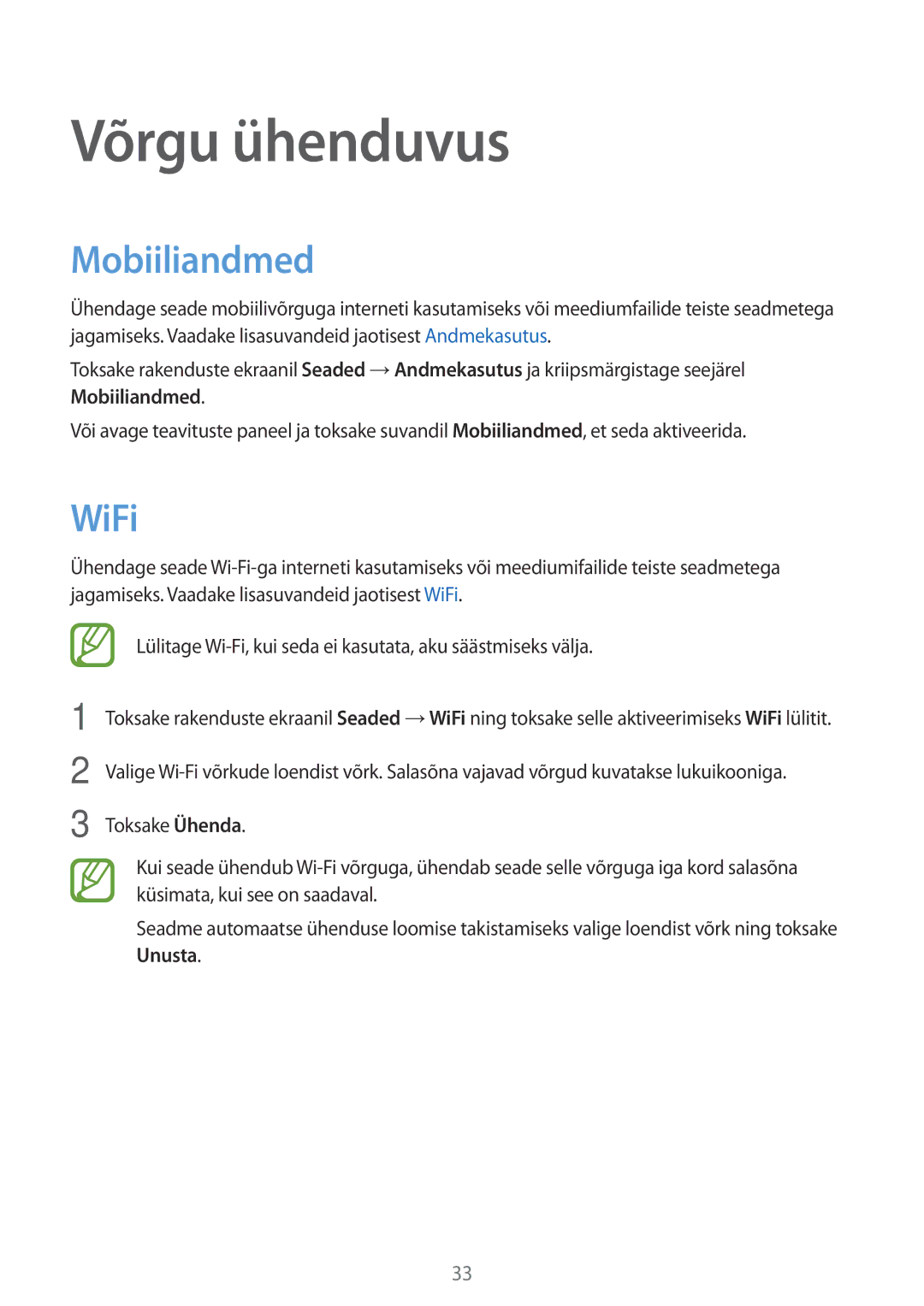 Samsung SM-G530FZWASEB, SM-G530FZDASEB, SM-G530FZAASEB manual Võrgu ühenduvus, Mobiiliandmed, WiFi 