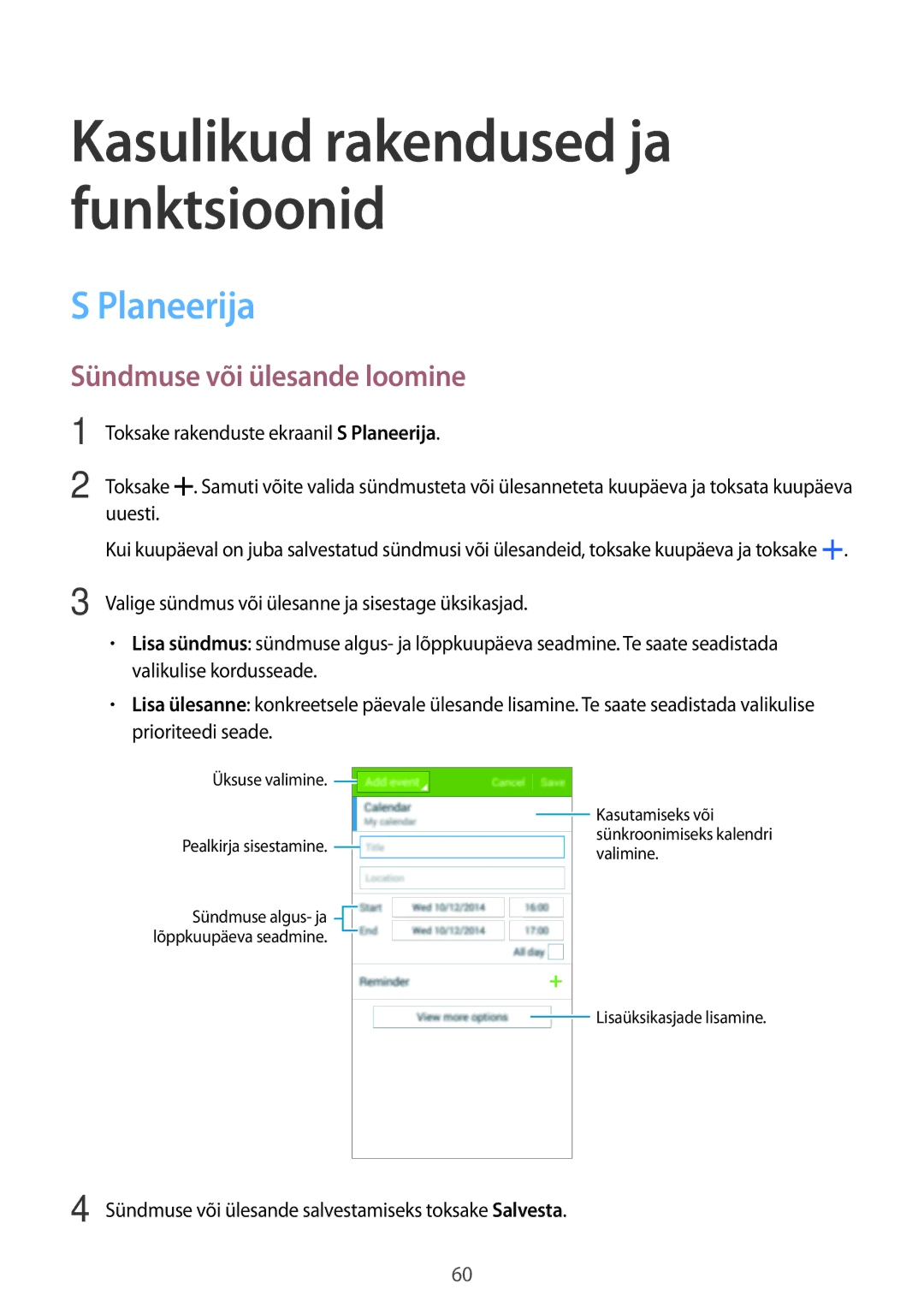 Samsung SM-G530FZWASEB Planeerija, Sündmuse või ülesande loomine, Sündmuse või ülesande salvestamiseks toksake Salvesta 